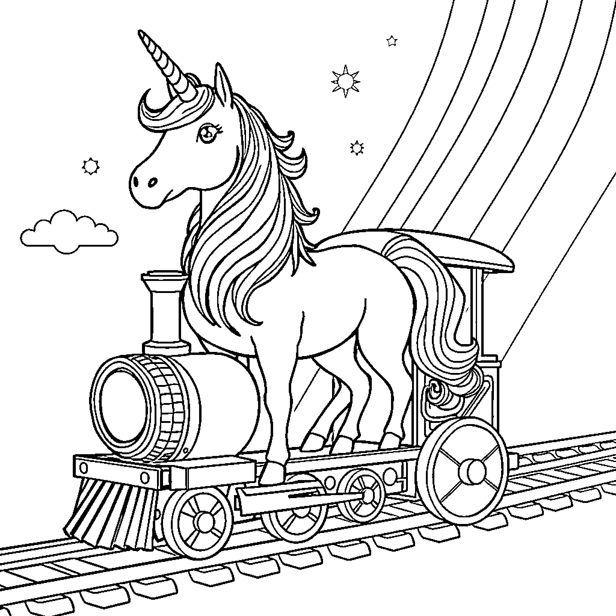 Unicorn riding magical train through starry sky Coloring Page (free black-and-white line drawing printable PDF for all, from beginners to advanced learners, including children, teens, adults, and seniors)