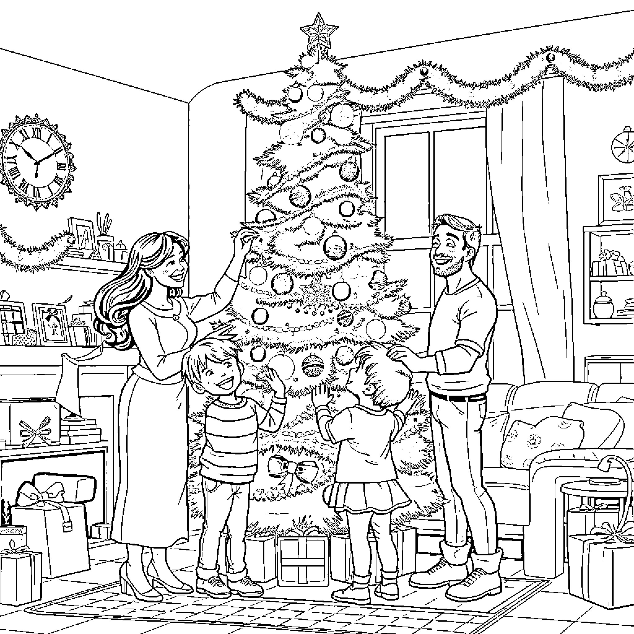 Family Decorating Christmas Tree Together Coloring Page (free black-and-white line drawing printable PDF for all, from beginners to advanced learners, including children, teens, adults, and seniors)