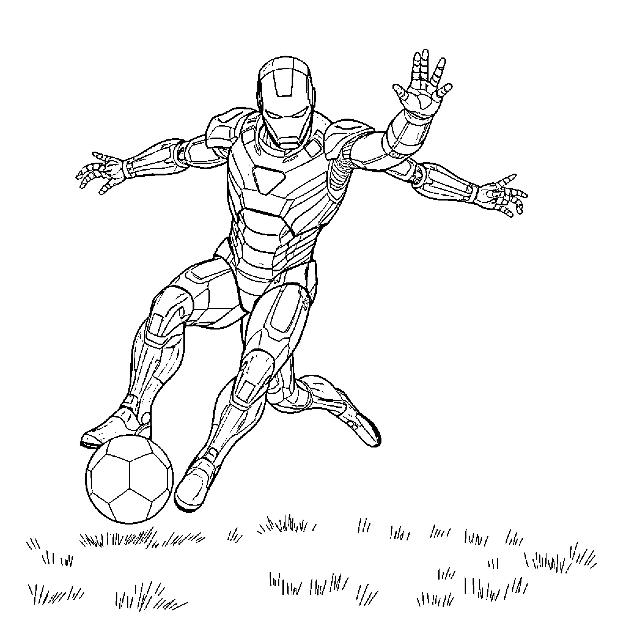 Ironman character in action pose Coloring Page (free black-and-white line drawing printable PDF for all, from beginners to advanced learners, including children, teens, adults, and seniors)