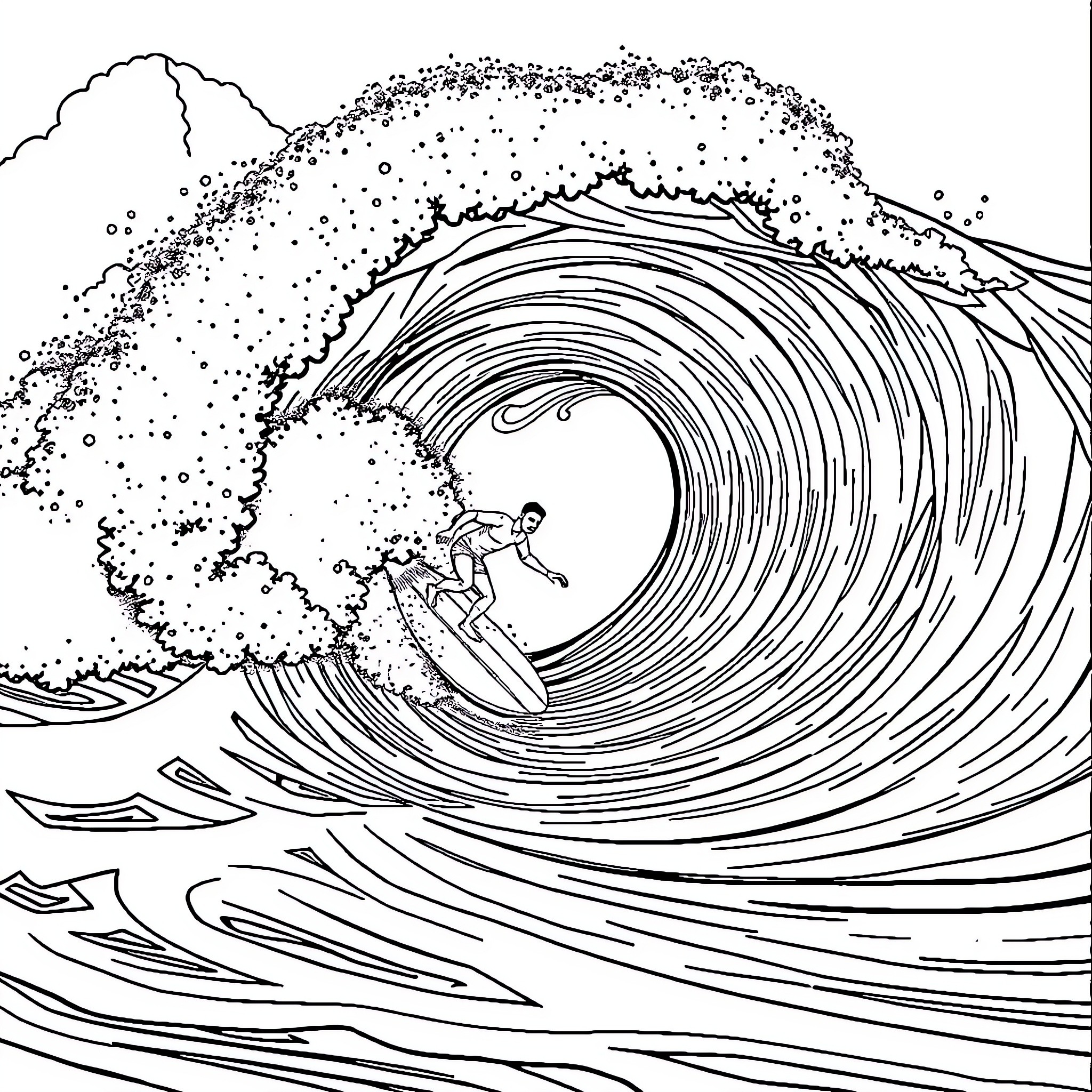 Surfing through the crashing waves Coloring Page (free black-and-white line drawing printable PDF for all, from beginners to advanced learners, including children, teens, adults, and seniors)