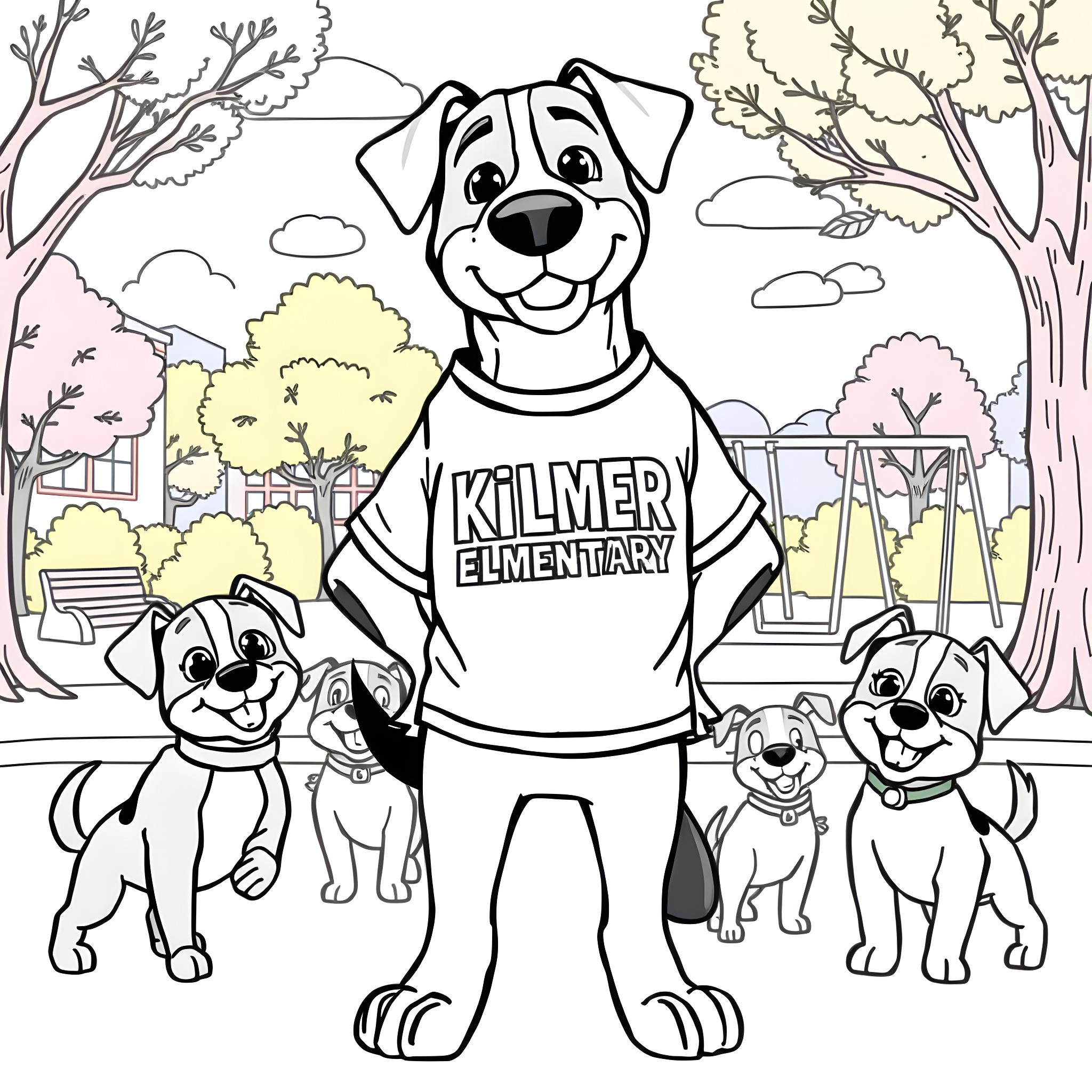 Dogman and his pack exploring the school playground Coloring Page (free black-and-white line drawing printable PDF for all, from beginners to advanced learners, including children, teens, adults, and seniors)