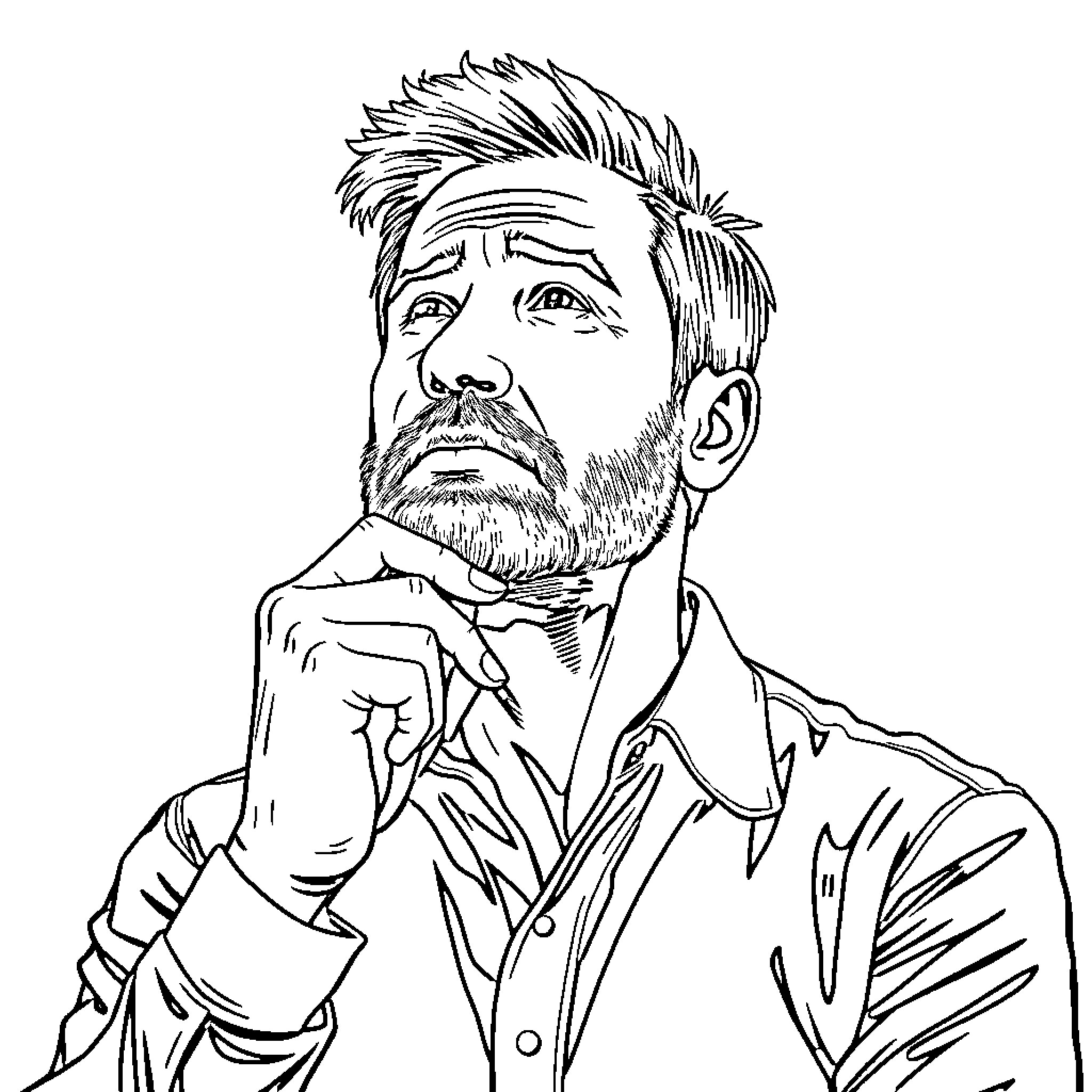 Man in deep thought with pensive expression Coloring Page (free black-and-white line drawing printable PDF for all, from beginners to advanced learners, including children, teens, adults, and seniors)