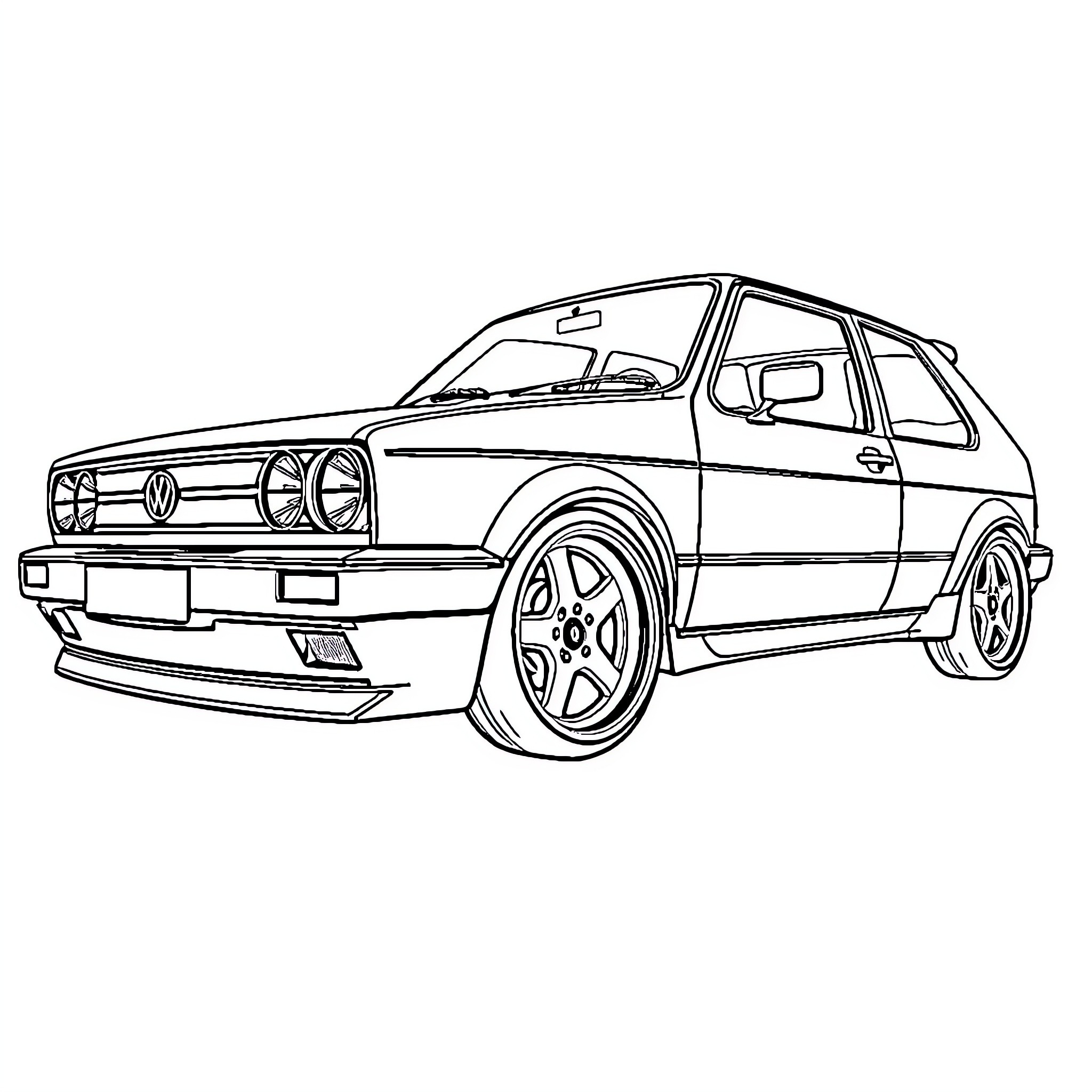 Golf car enthusiast's tuned hot hatchback Coloring Page (free black-and-white line drawing printable PDF for all, from beginners to advanced learners, including children, teens, adults, and seniors)