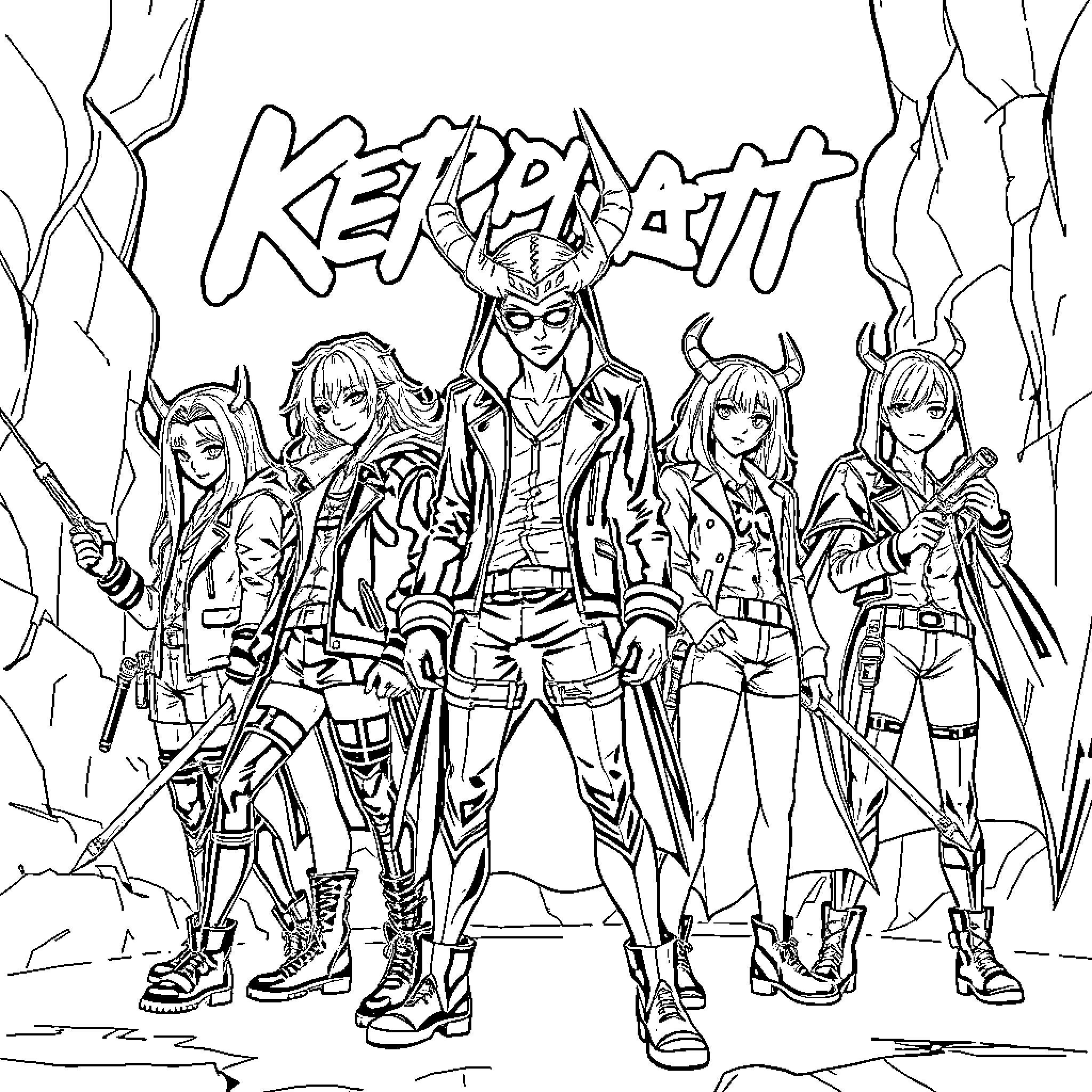 Demon Hunter and their battle-ready team Coloring Page (free black-and-white line drawing printable PDF for all, from beginners to advanced learners, including children, teens, adults, and seniors)