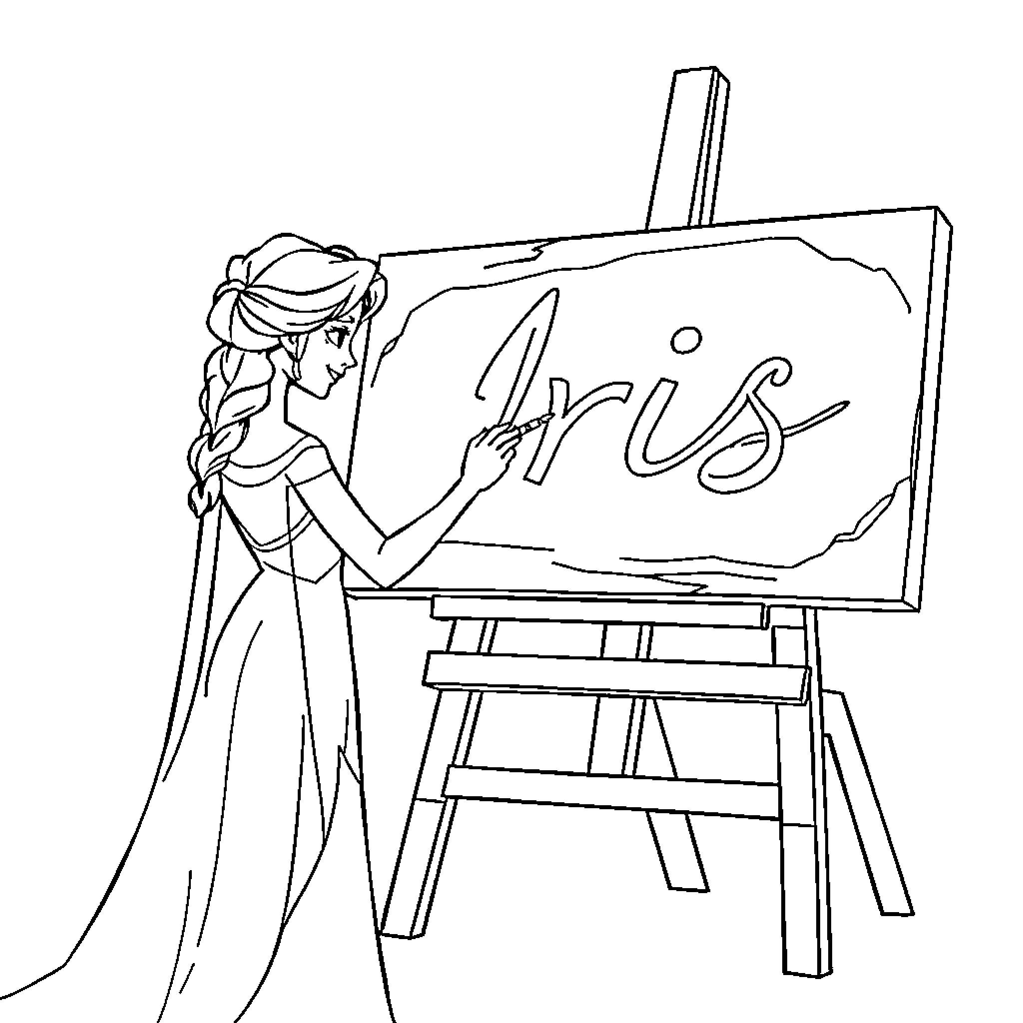Elsa painting the name Iris on a canvas Coloring Page (free black-and-white line drawing printable PDF for all, from beginners to advanced learners, including children, teens, adults, and seniors)