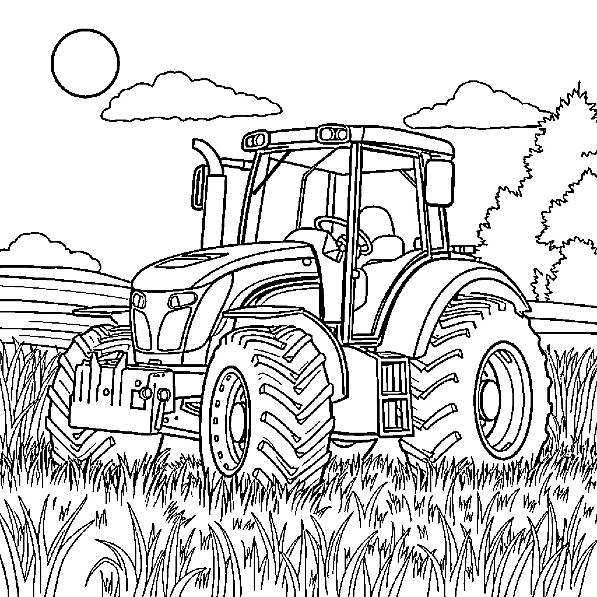 Tractor working in the countryside Coloring Page (free black-and-white line drawing printable PDF for all, from beginners to advanced learners, including children, teens, adults, and seniors)