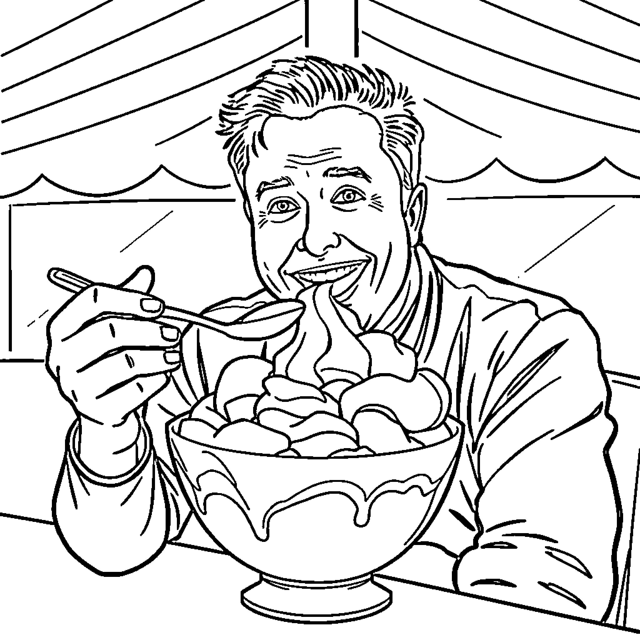Elon Musk enjoying a bowl of ice cream at a carnival Coloring Page (free black-and-white line drawing printable PDF for all, from beginners to advanced learners, including children, teens, adults, and seniors)