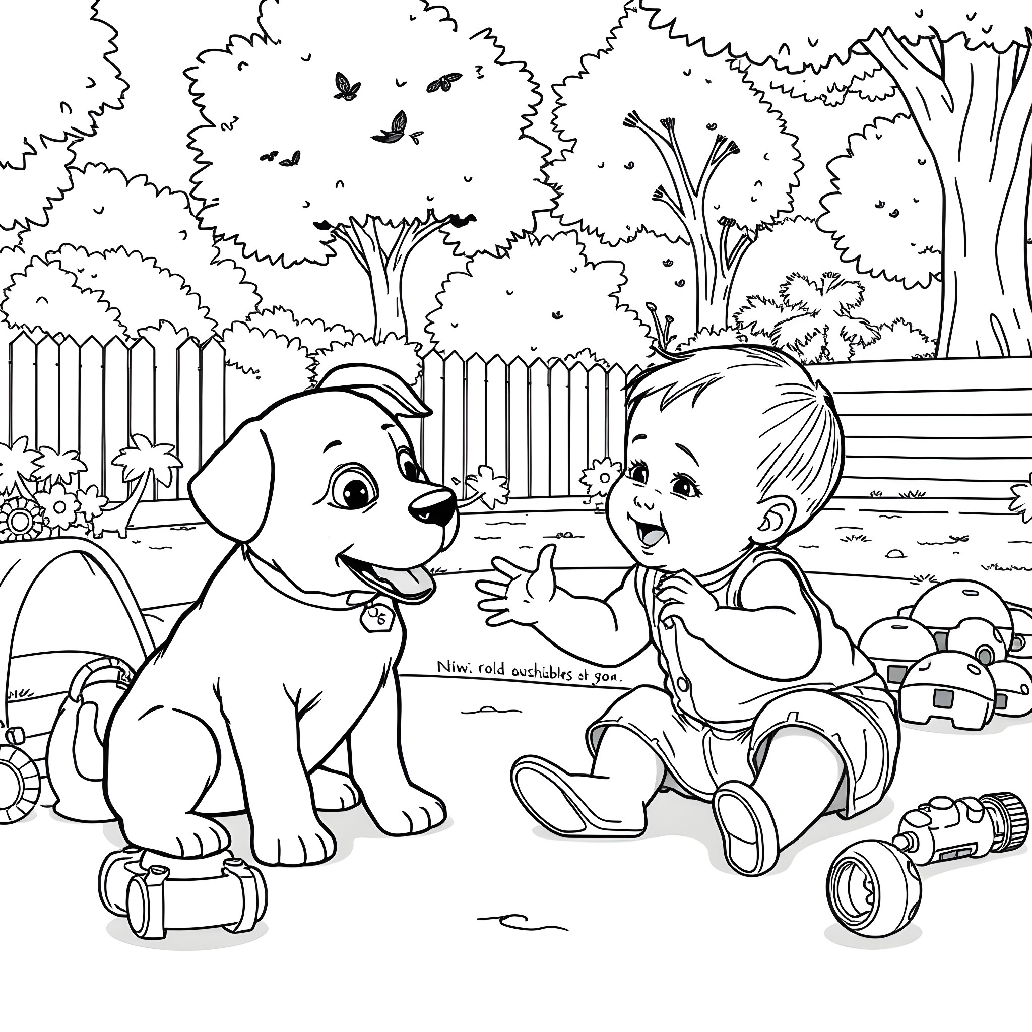 Dog and Child Playing Happily in the Park Coloring Page (free black-and-white line drawing printable PDF for all, from beginners to advanced learners, including children, teens, adults, and seniors)