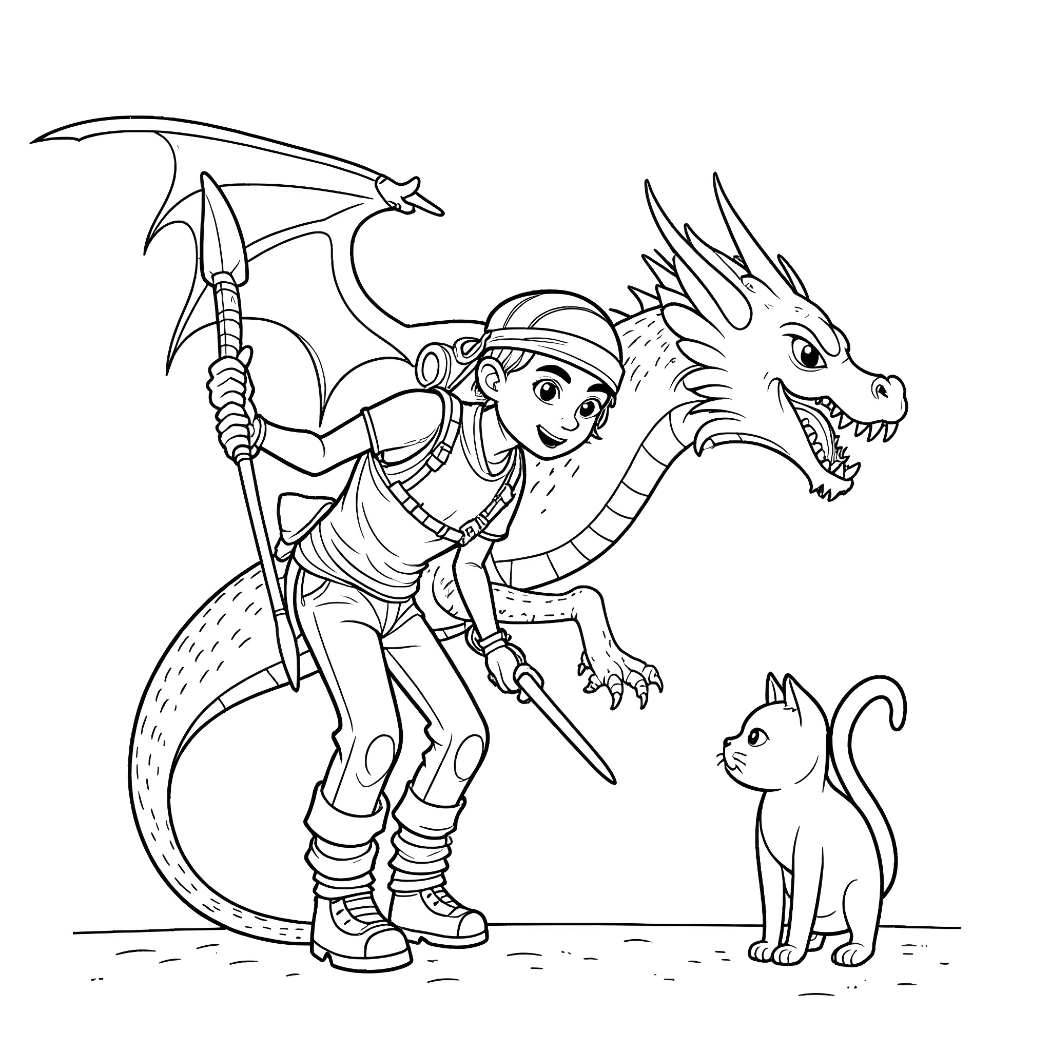 Dragon rider with their loyal dragon companion Coloring Page (free black-and-white line drawing printable PDF for all, from beginners to advanced learners, including children, teens, adults, and seniors)