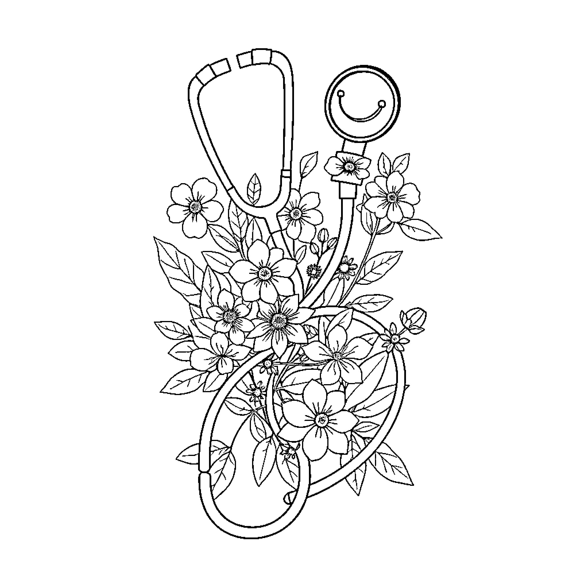 Stethoscope surrounded by floral bouquet Coloring Page (free black-and-white line drawing printable PDF for all, from beginners to advanced learners, including children, teens, adults, and seniors)