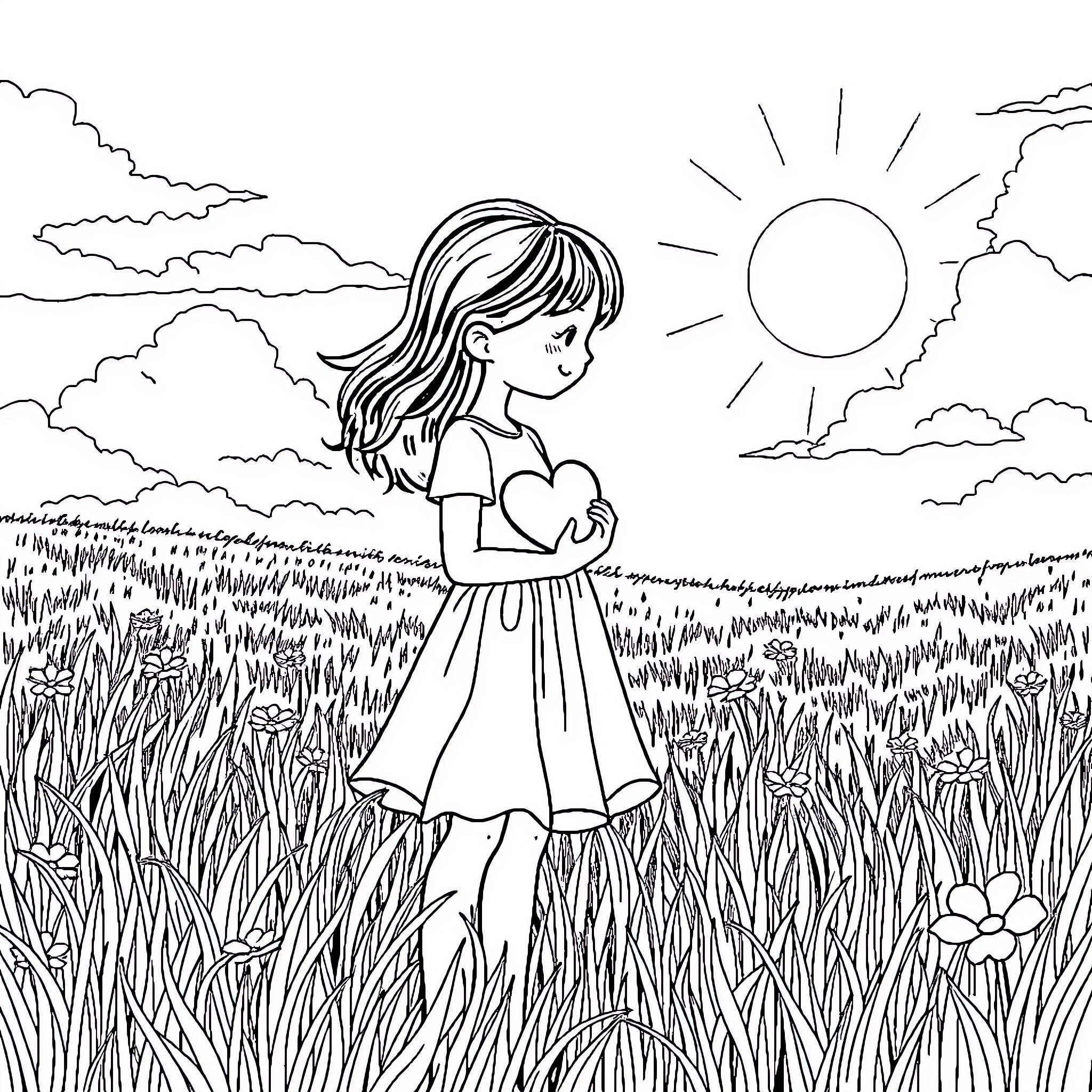 Girl exploring nature with joy in the sunlight Coloring Page (free black-and-white line drawing printable PDF for all, from beginners to advanced learners, including children, teens, adults, and seniors)