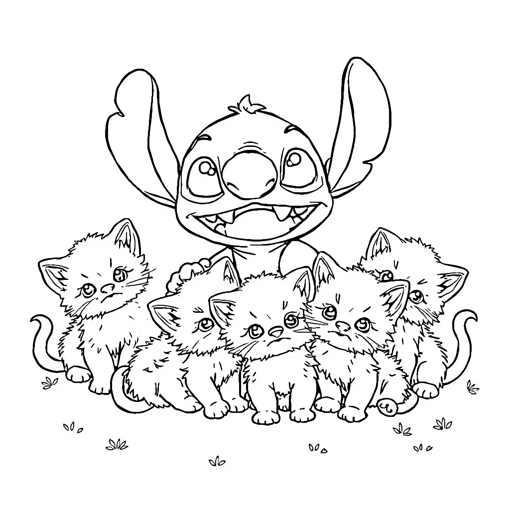 Stitch surrounded by adorable kittens Coloring Page (free black-and-white line drawing printable PDF for all, from beginners to advanced learners, including children, teens, adults, and seniors)
