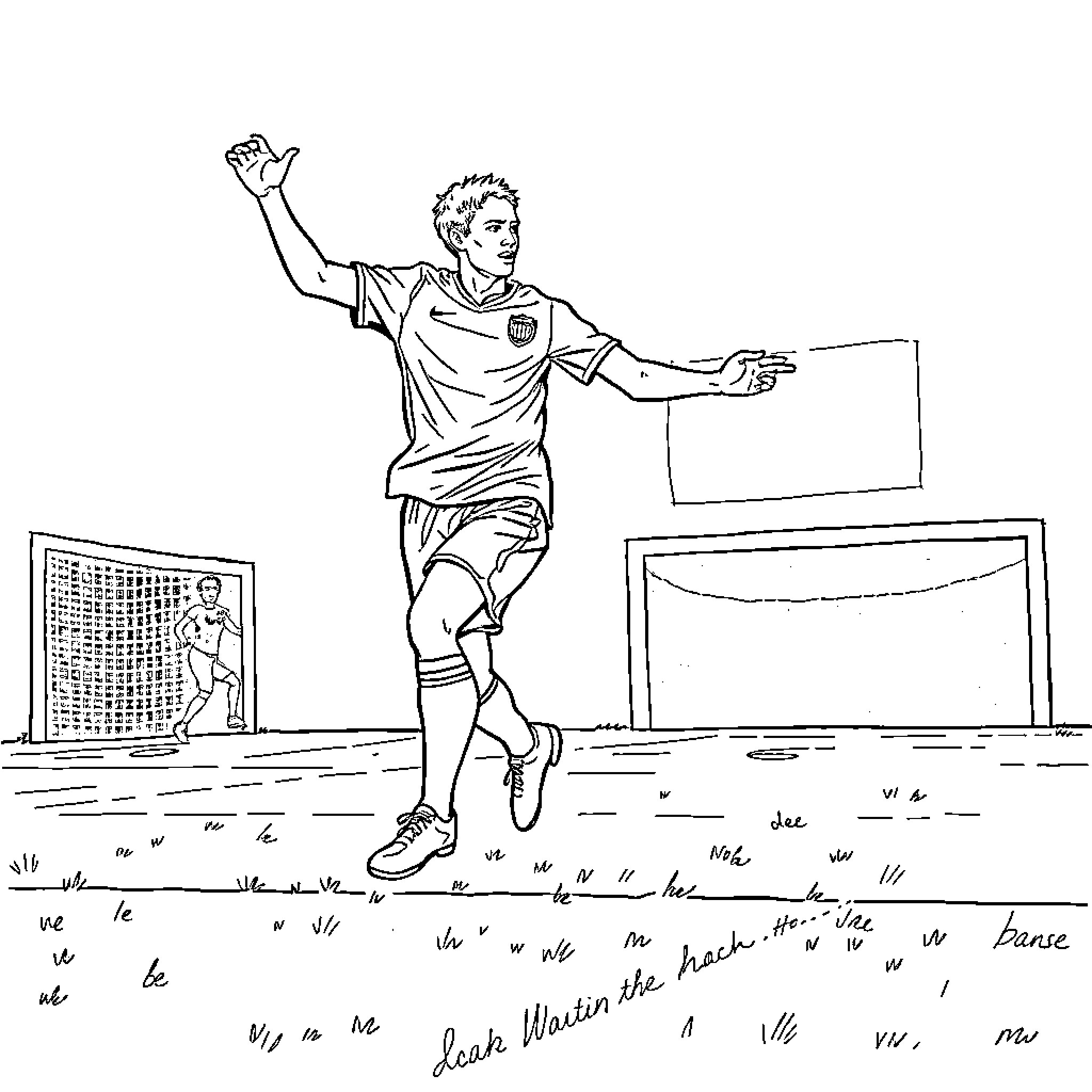 Football Player Celebrating After Scoring a Goal Coloring Page (free black-and-white line drawing printable PDF for all, from beginners to advanced learners, including children, teens, adults, and seniors)