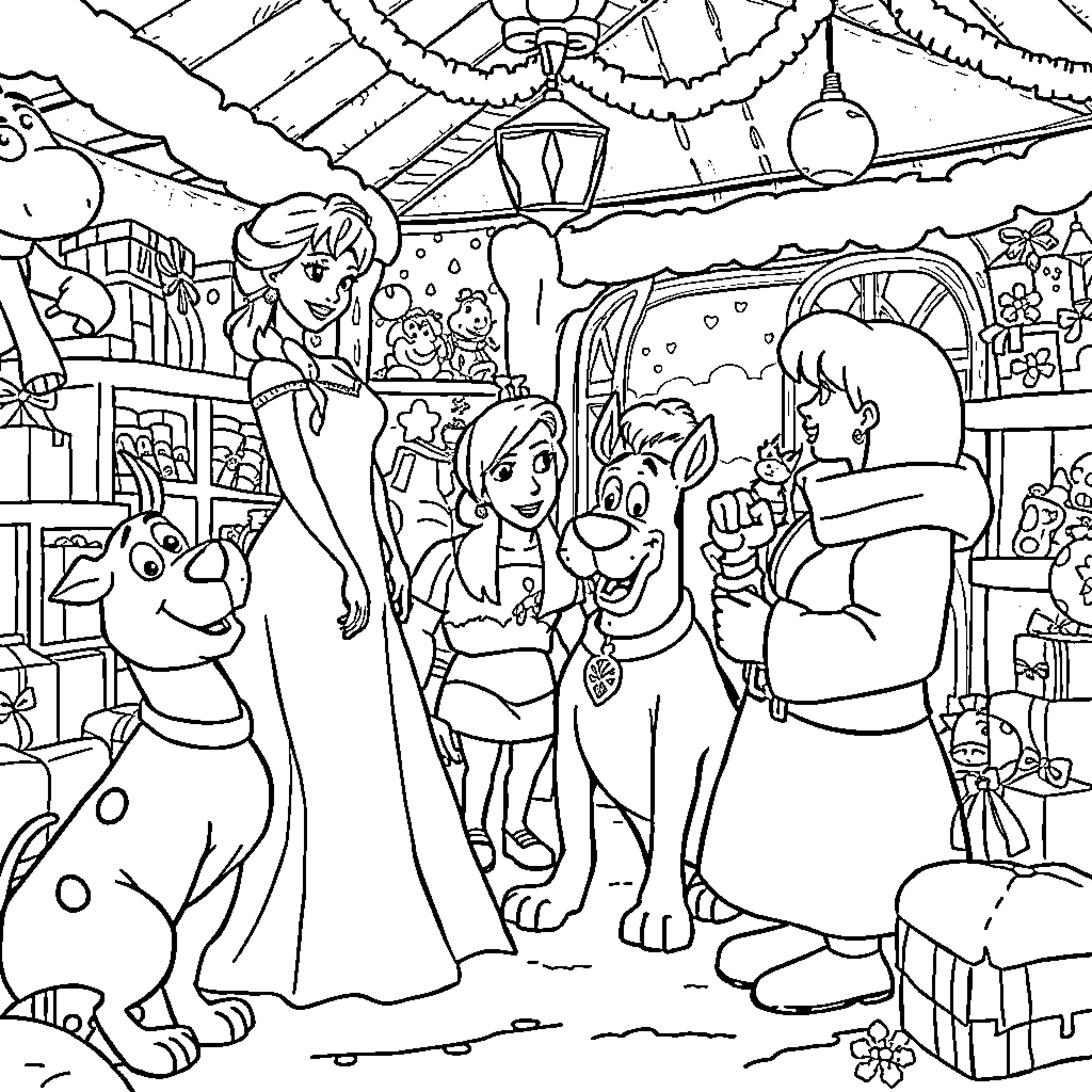 Elsa and friends in a festive winter wonderland Coloring Page (free black-and-white line drawing printable PDF for all, from beginners to advanced learners, including children, teens, adults, and seniors)