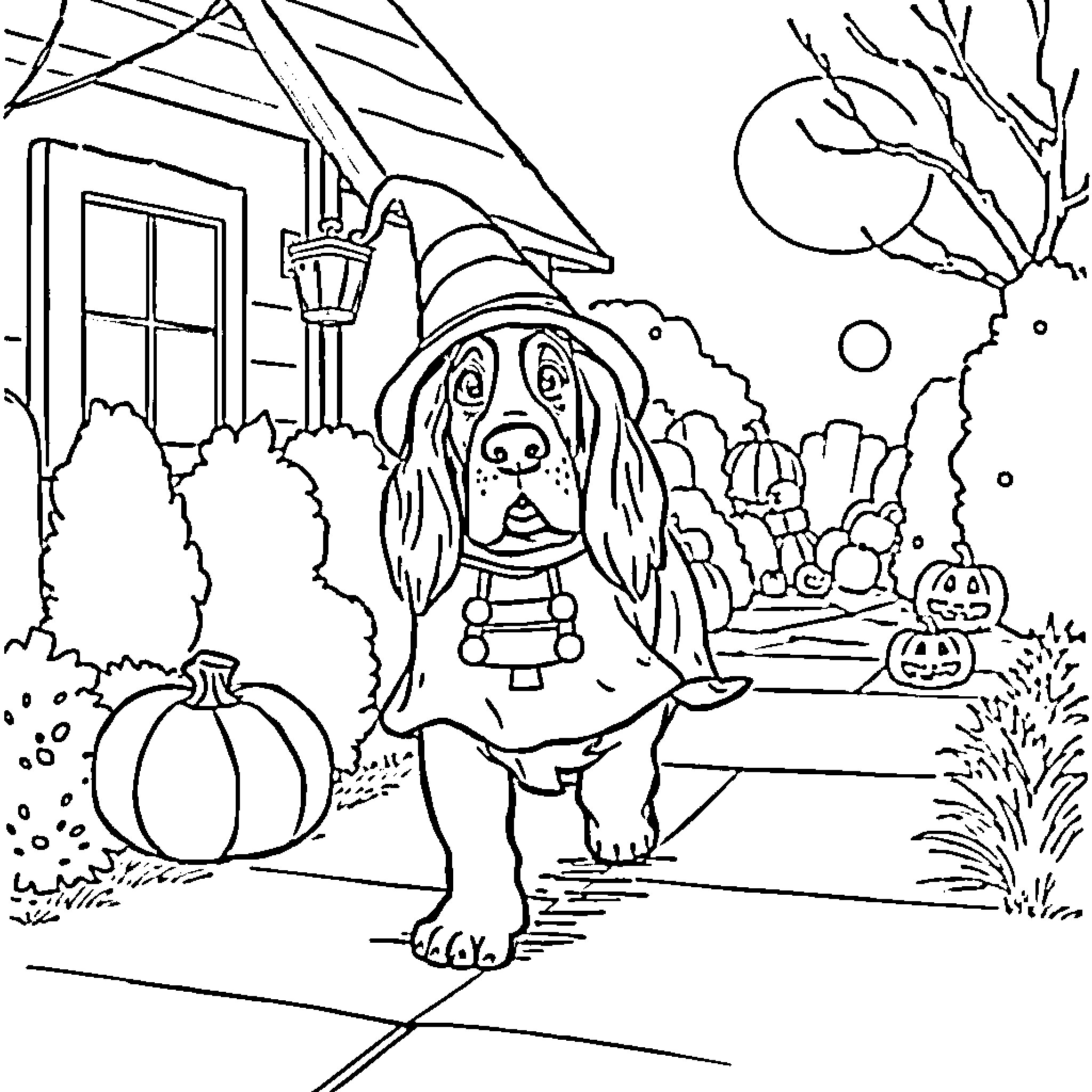 Basset Hound Dressed Up for Halloween Coloring Page (free black-and-white line drawing printable PDF for all, from beginners to advanced learners, including children, teens, adults, and seniors)