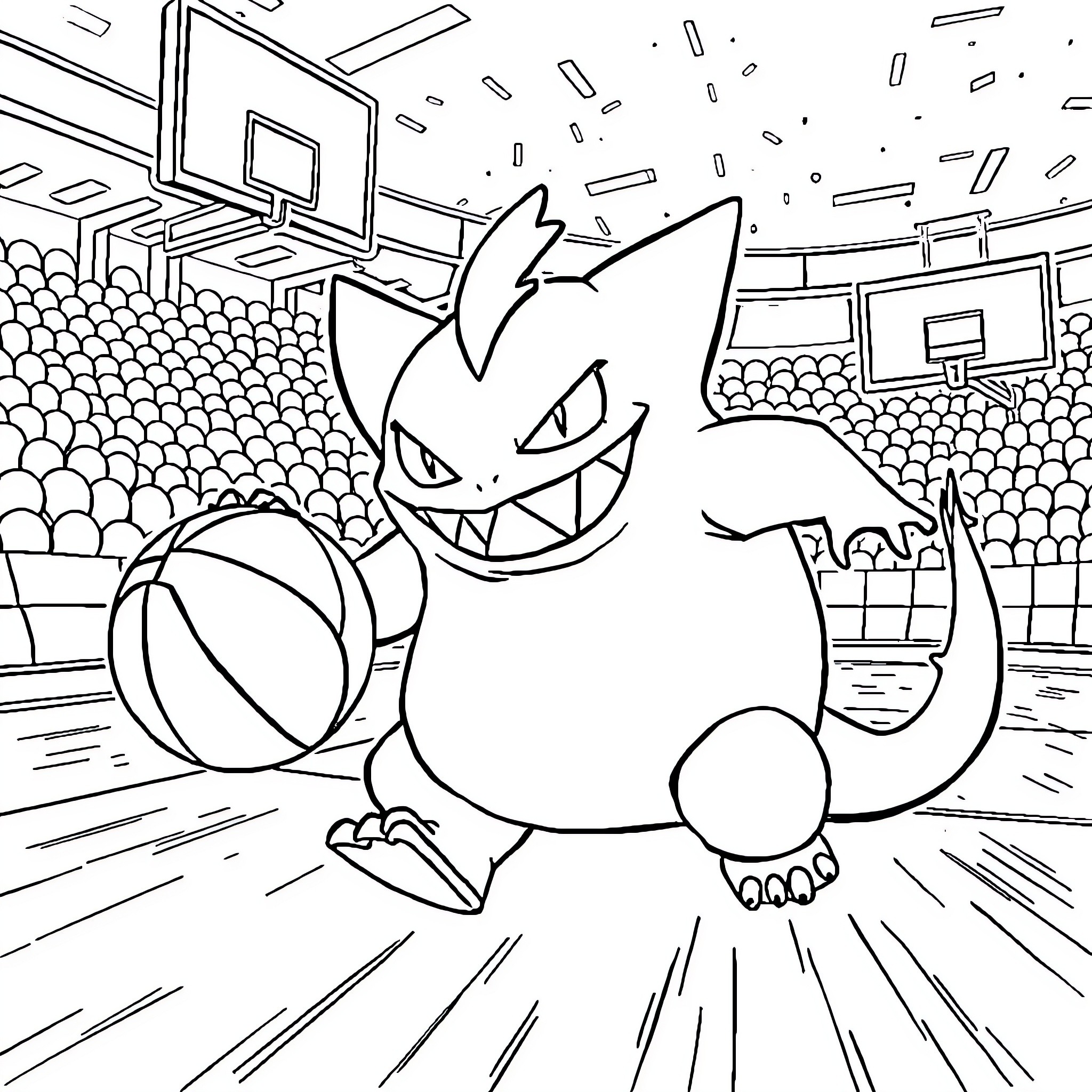 Gengar Basketball Game Excitement Coloring Page (free black-and-white line drawing printable PDF for all, from beginners to advanced learners, including children, teens, adults, and seniors)