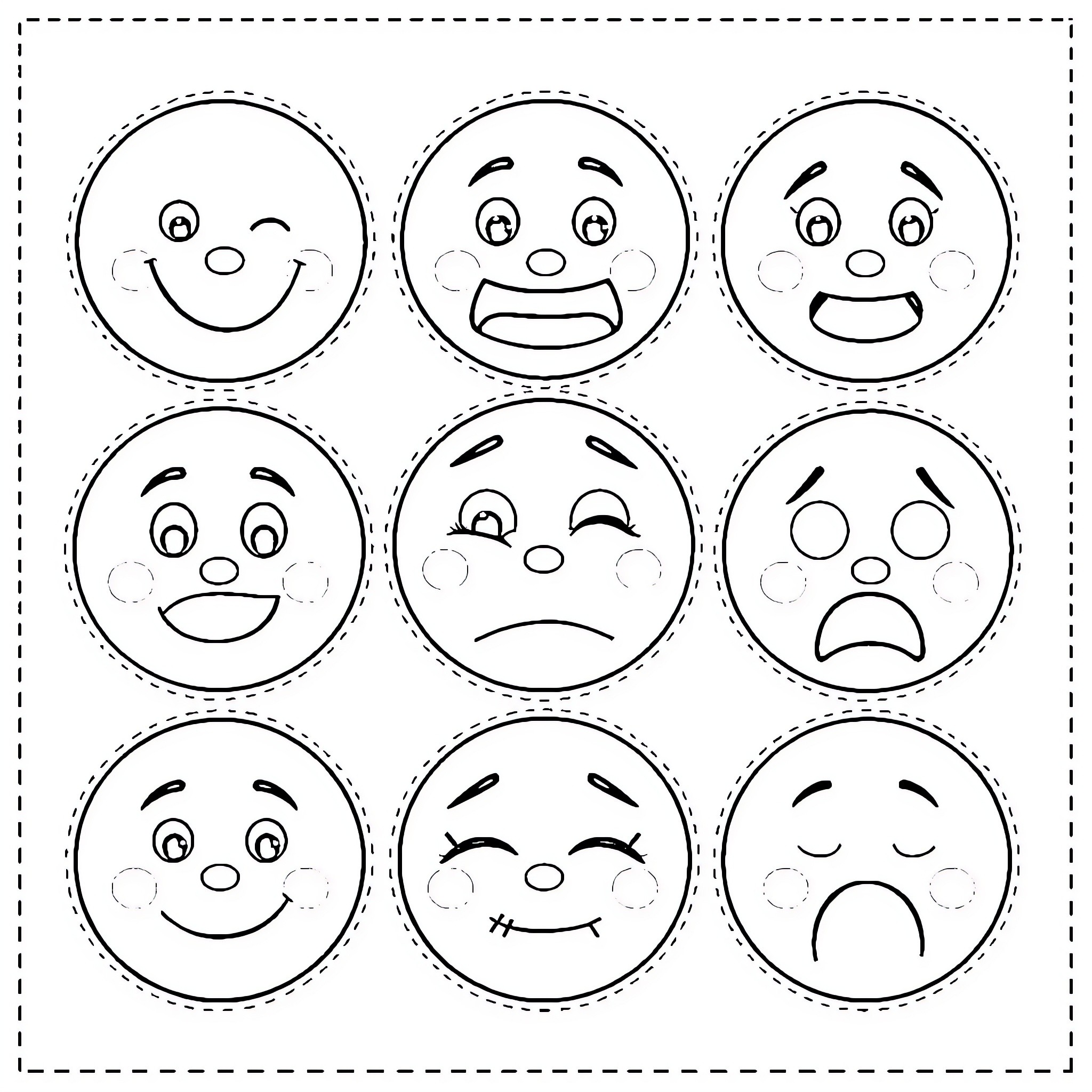 Face Expressions of Cartoon Smiley Emojis Coloring Page (free black-and-white line drawing printable PDF for all, from beginners to advanced learners, including children, teens, adults, and seniors)