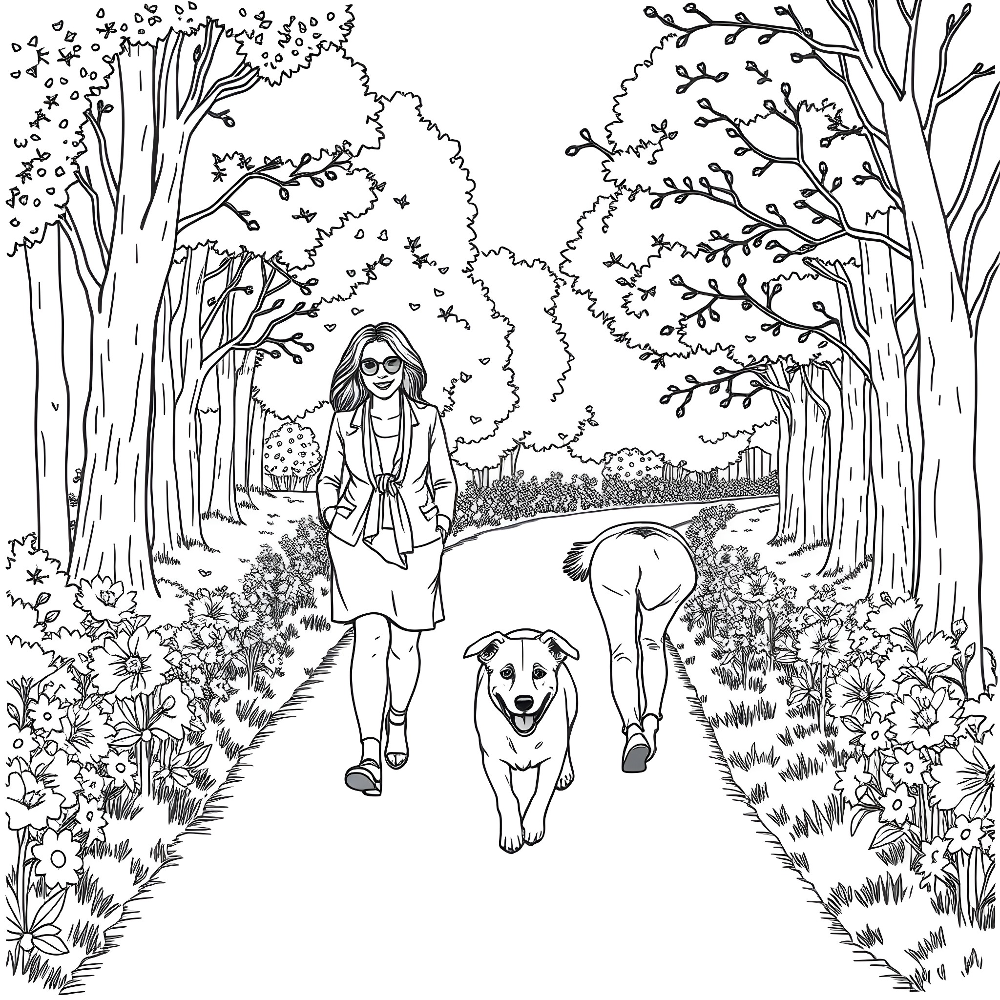 Dog taking a walk with a person in a beautiful nature scene Coloring Page (free black-and-white line drawing printable PDF for all, from beginners to advanced learners, including children, teens, adults, and seniors)
