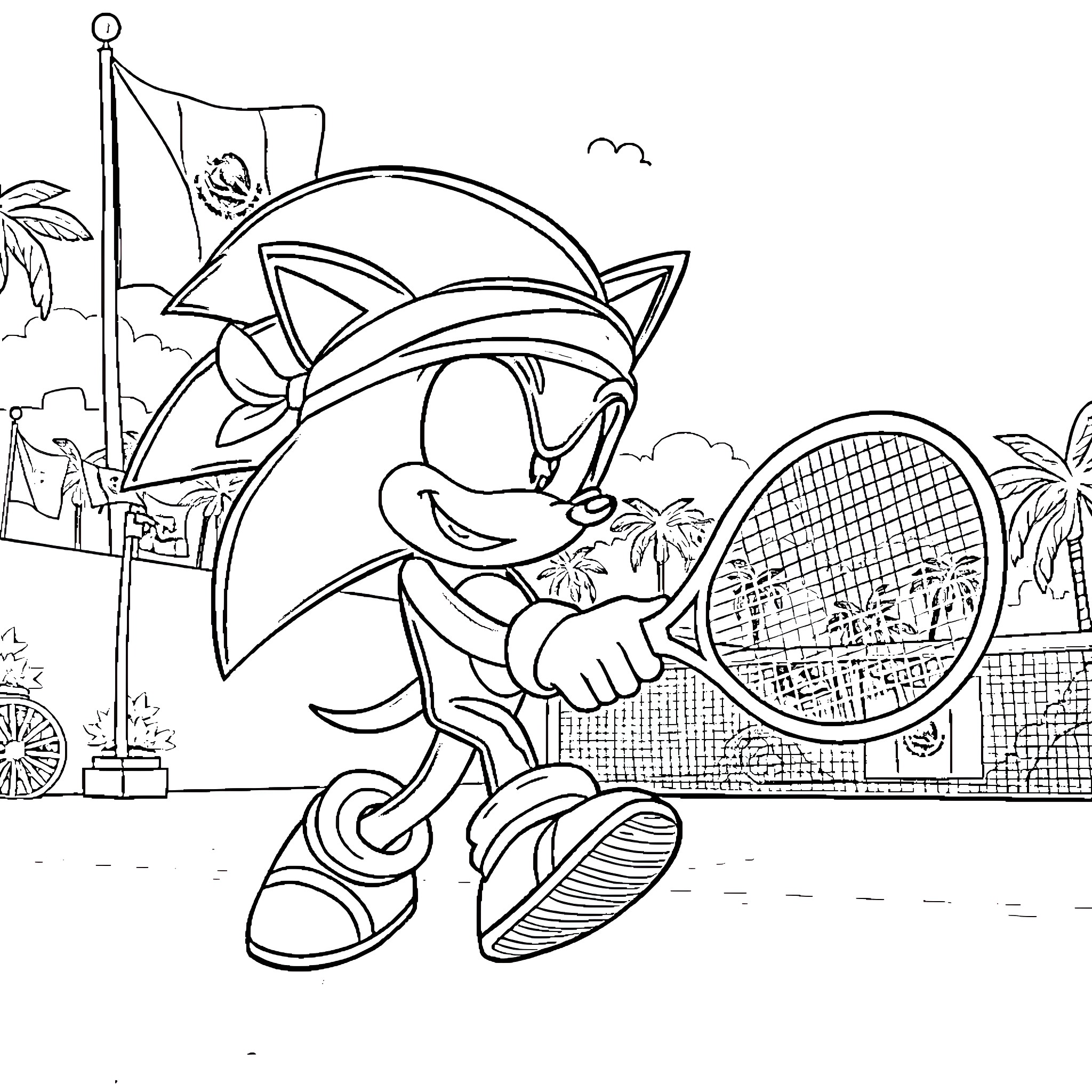 Sonic enjoying an outdoor adventure Coloring Page (free black-and-white line drawing printable PDF for all, from beginners to advanced learners, including children, teens, adults, and seniors)
