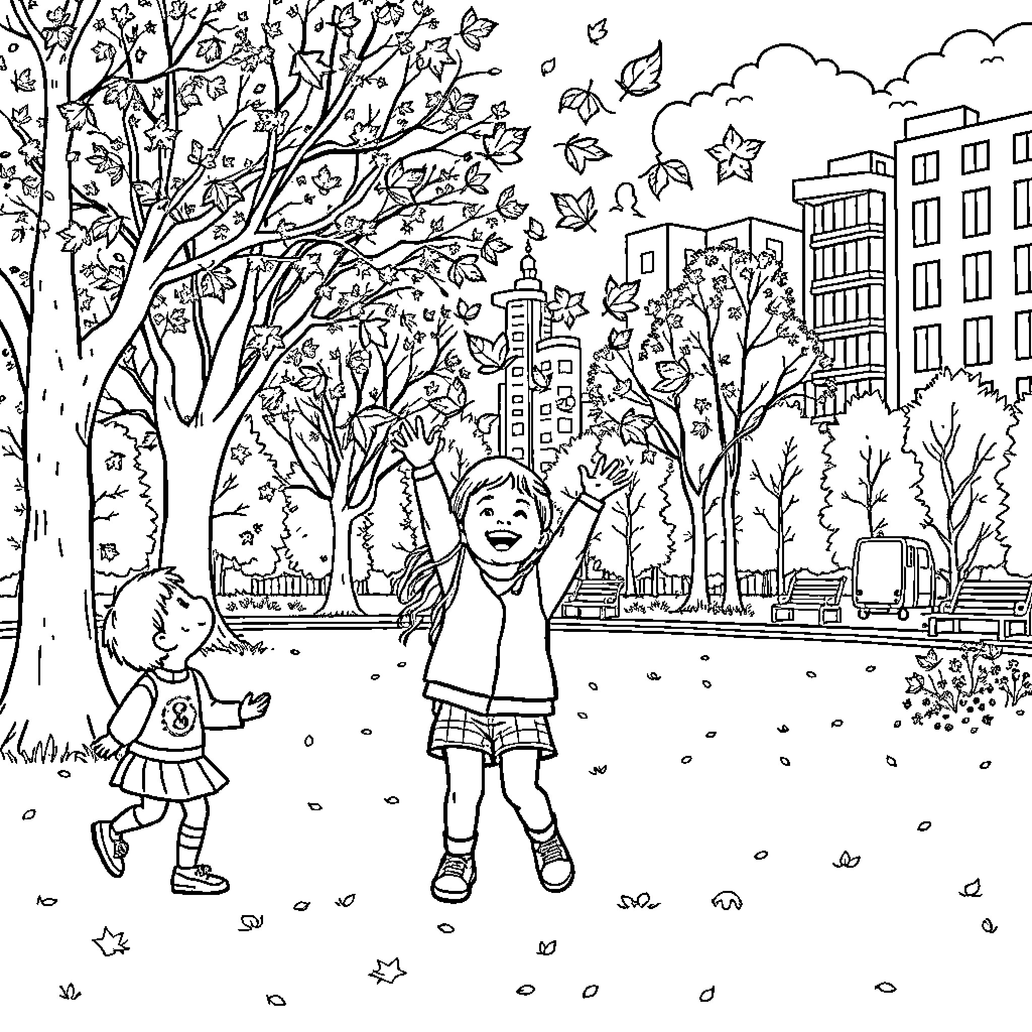 Kid Joyfully Playing in Autumnal City Park Coloring Page (free black-and-white line drawing printable PDF for all, from beginners to advanced learners, including children, teens, adults, and seniors)