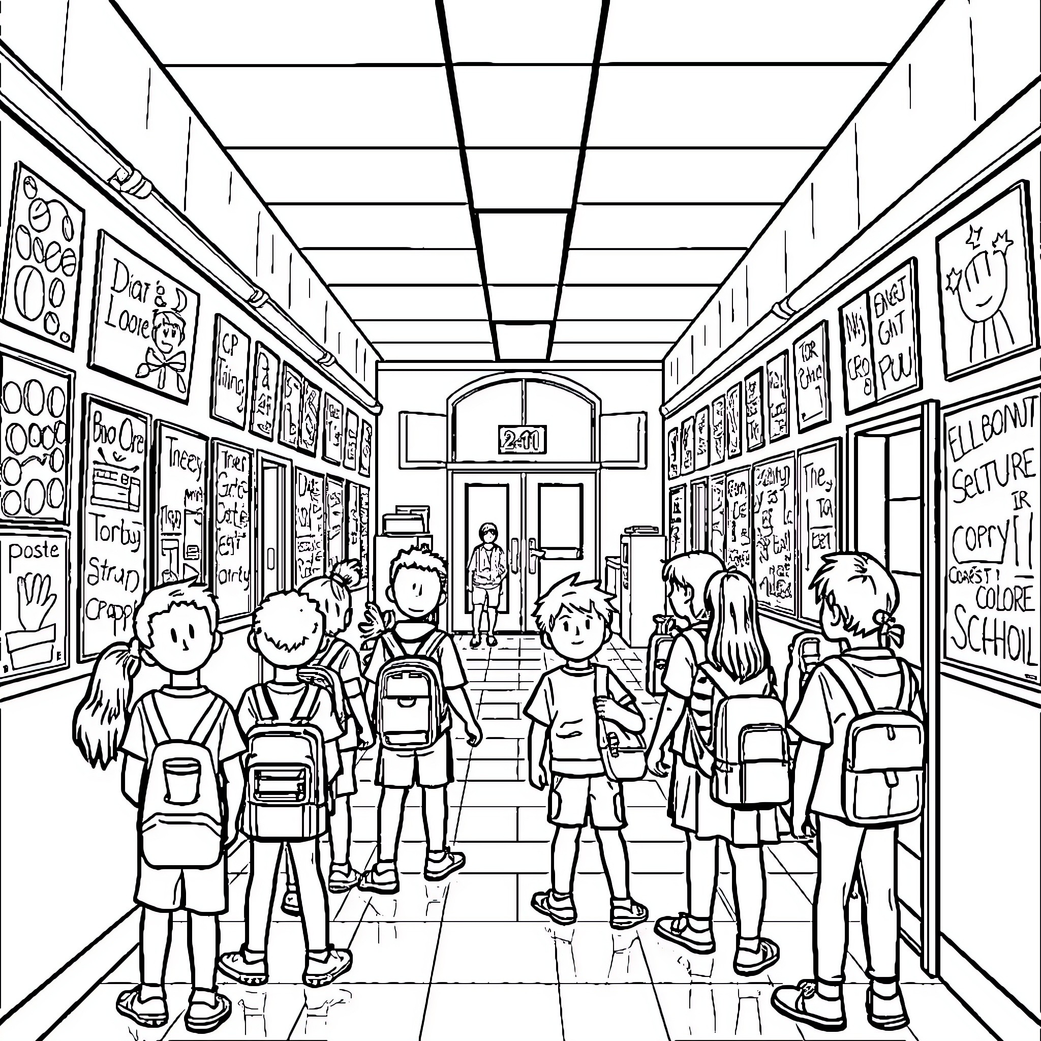 School Hallway with Students and Classroom Displays Coloring Page (free black-and-white line drawing printable PDF for all, from beginners to advanced learners, including children, teens, adults, and seniors)