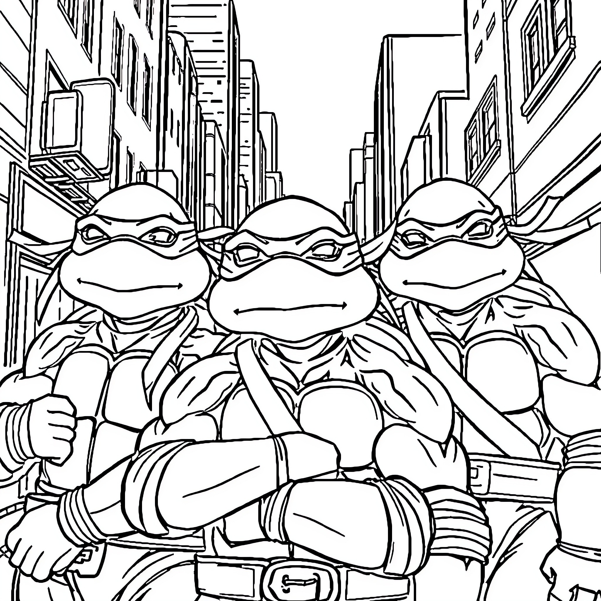 Ninja Turtle trio exploring the city streets Coloring Page (free black-and-white line drawing printable PDF for all, from beginners to advanced learners, including children, teens, adults, and seniors)