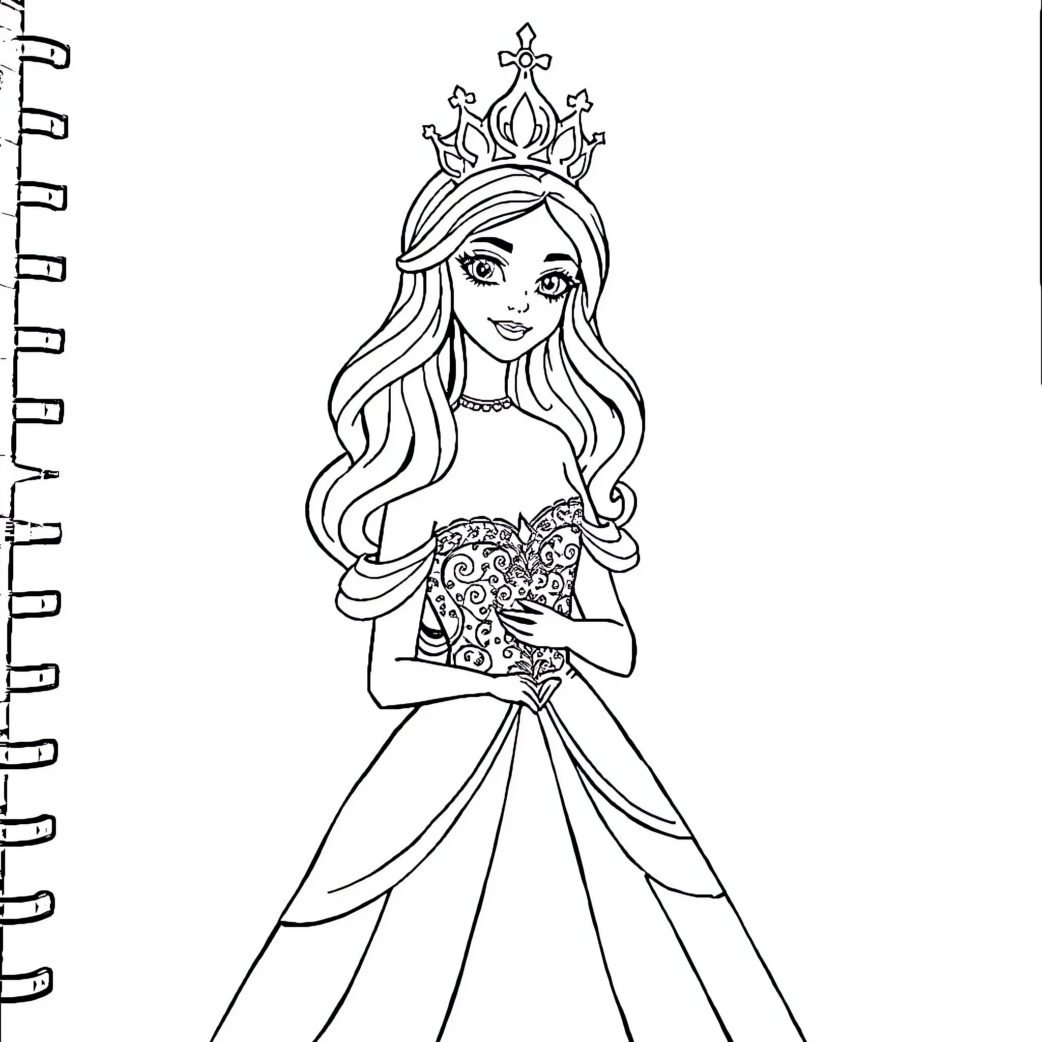 Princess in Elegant Dress and Crown Coloring Page (free black-and-white line drawing printable PDF for all, from beginners to advanced learners, including children, teens, adults, and seniors)