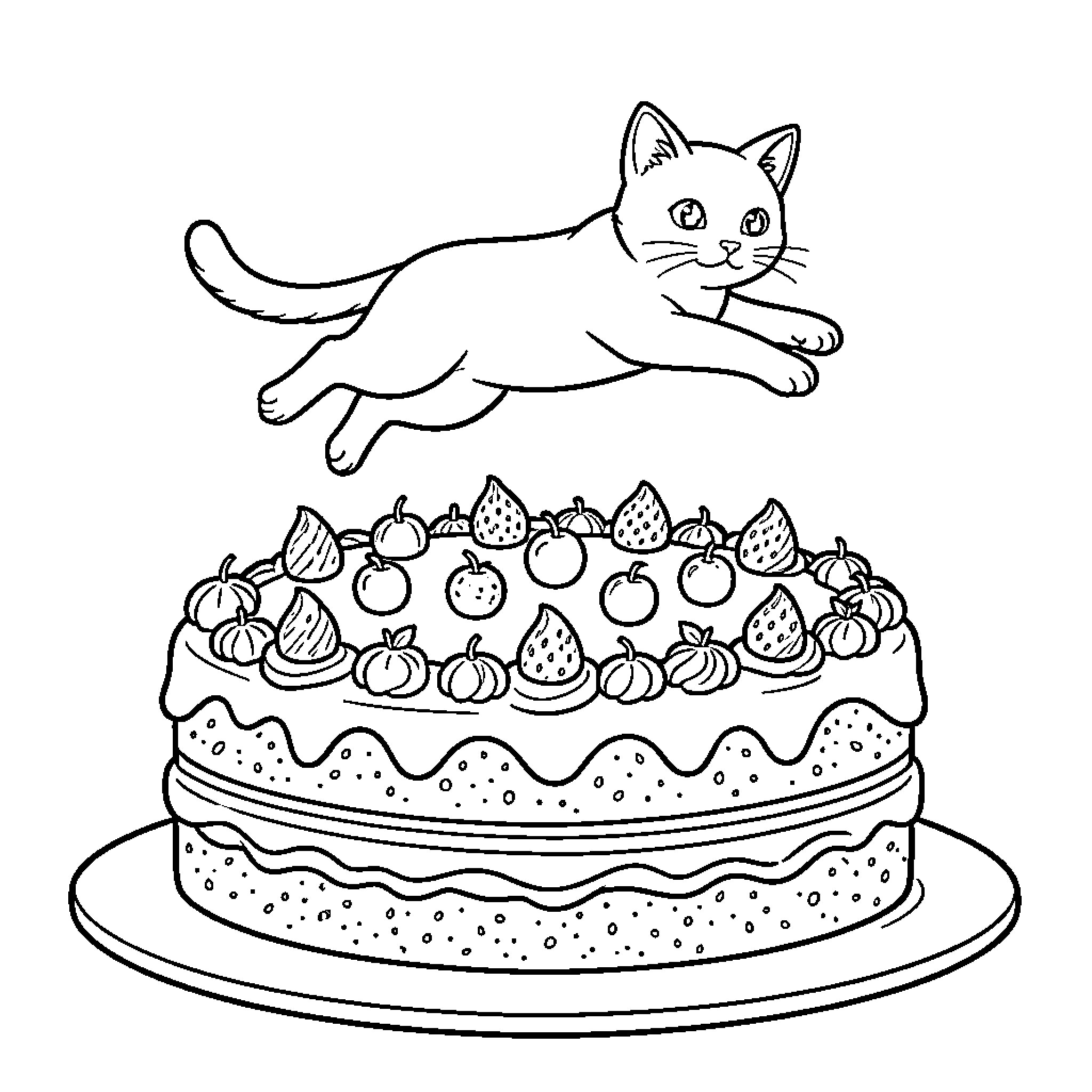 Flying Cat Chasing Treats on Cake Coloring Page (free black-and-white line drawing printable PDF for all, from beginners to advanced learners, including children, teens, adults, and seniors)