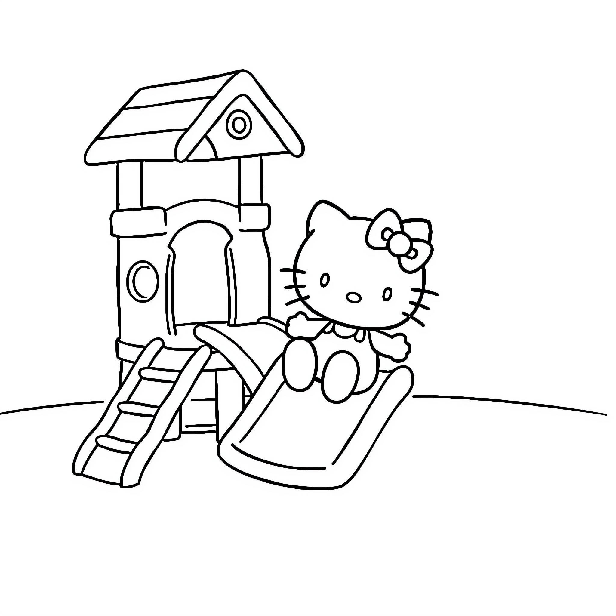 Hello Kitty playing on the playground Coloring Page (free black-and-white line drawing printable PDF for all, from beginners to advanced learners, including children, teens, adults, and seniors)