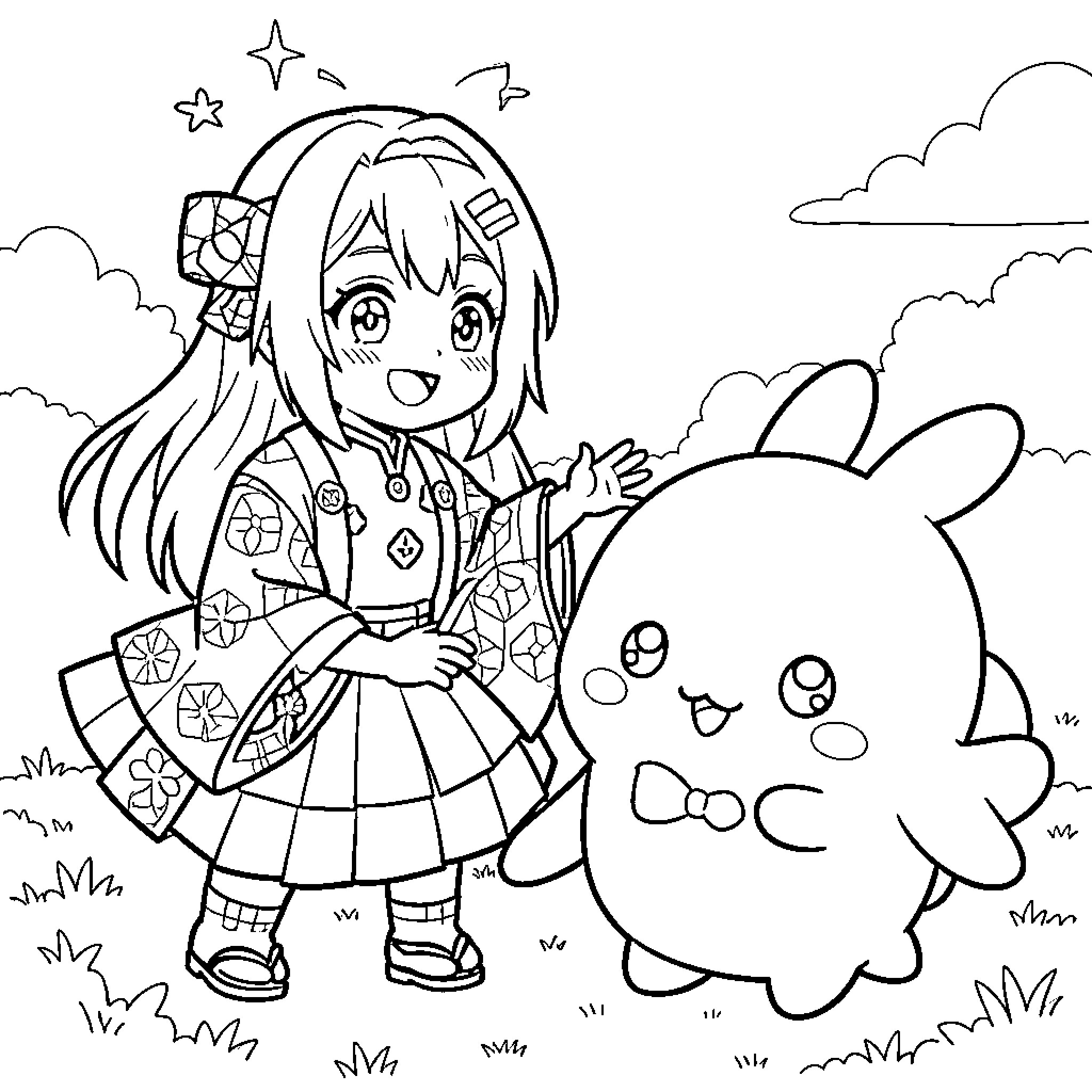 Nezuko smiling and standing next to a cute creature Coloring Page (free black-and-white line drawing printable PDF for all, from beginners to advanced learners, including children, teens, adults, and seniors)