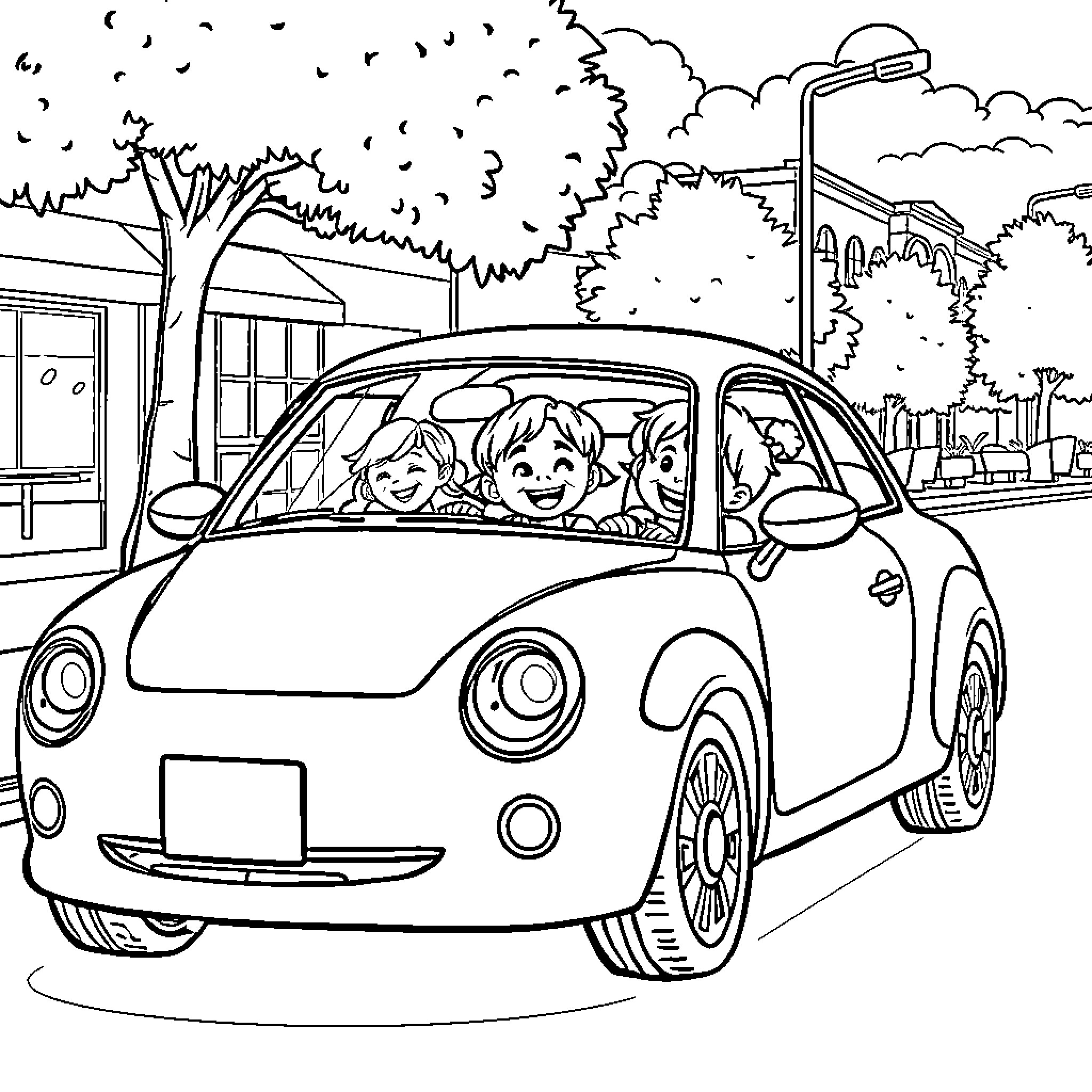 Car Carrying Happy Family on Scenic Route Coloring Page (free black-and-white line drawing printable PDF for all, from beginners to advanced learners, including children, teens, adults, and seniors)