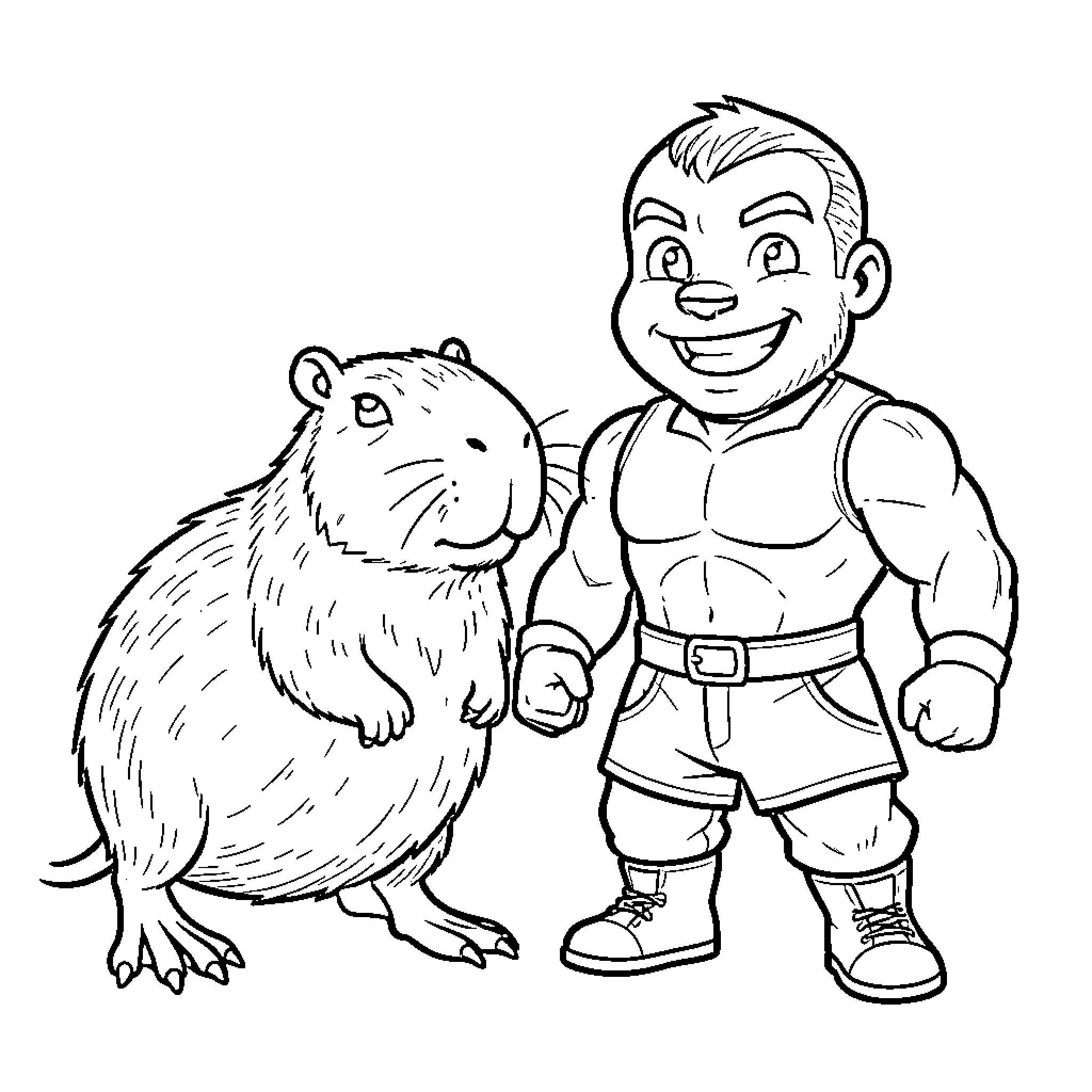 Capybara standing next to a muscular smiling boy Coloring Page (free black-and-white line drawing printable PDF for all, from beginners to advanced learners, including children, teens, adults, and seniors)