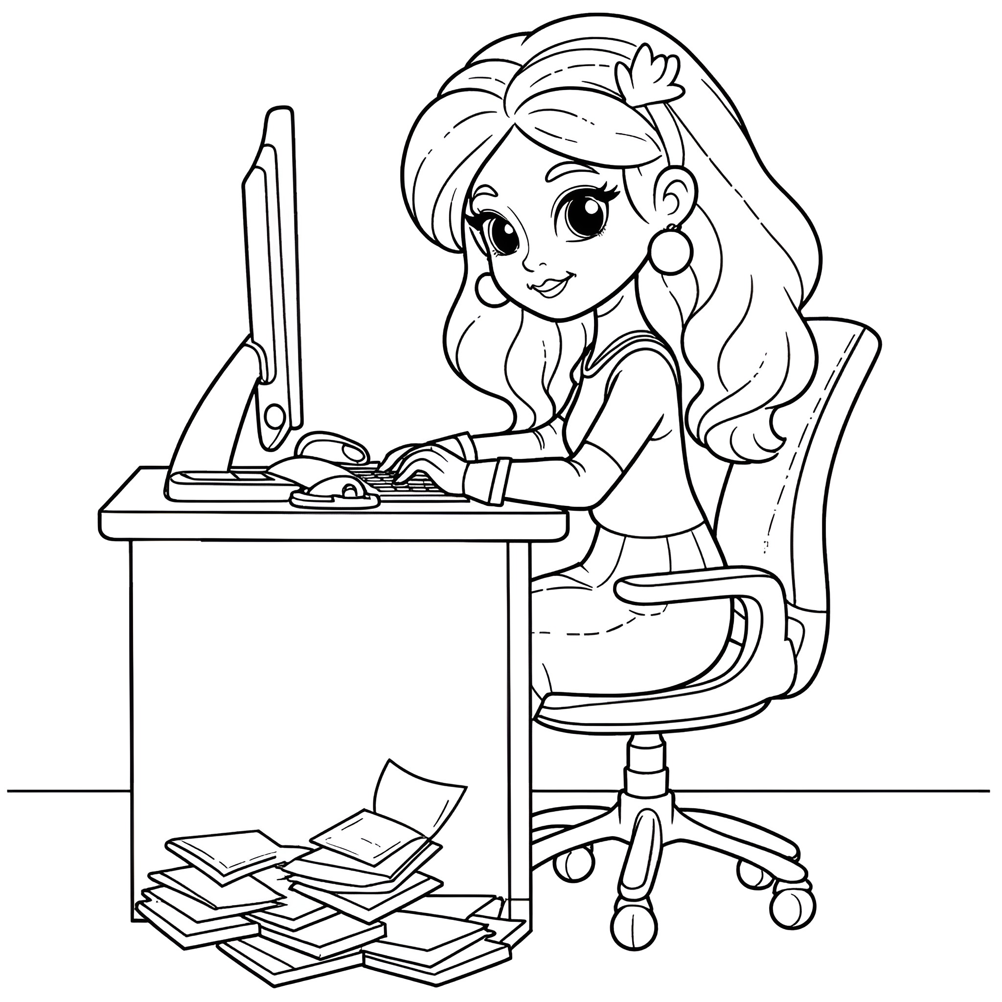 Rainbow Brite working on her computer Coloring Page (free black-and-white line drawing printable PDF for all, from beginners to advanced learners, including children, teens, adults, and seniors)