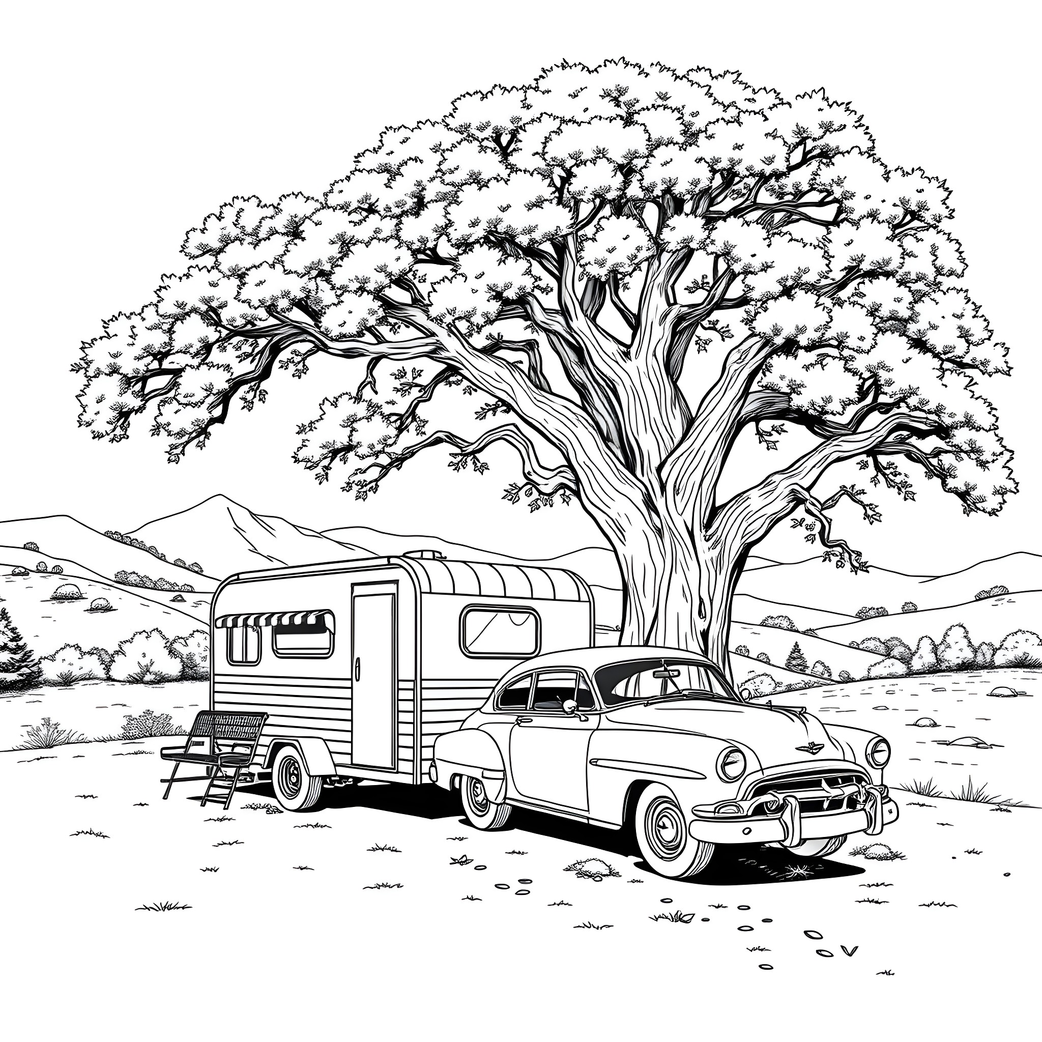 Classic Car Parked Under Sprawling Tree in Scenic Landscape Coloring Page (free black-and-white line drawing printable PDF for all, from beginners to advanced learners, including children, teens, adults, and seniors)