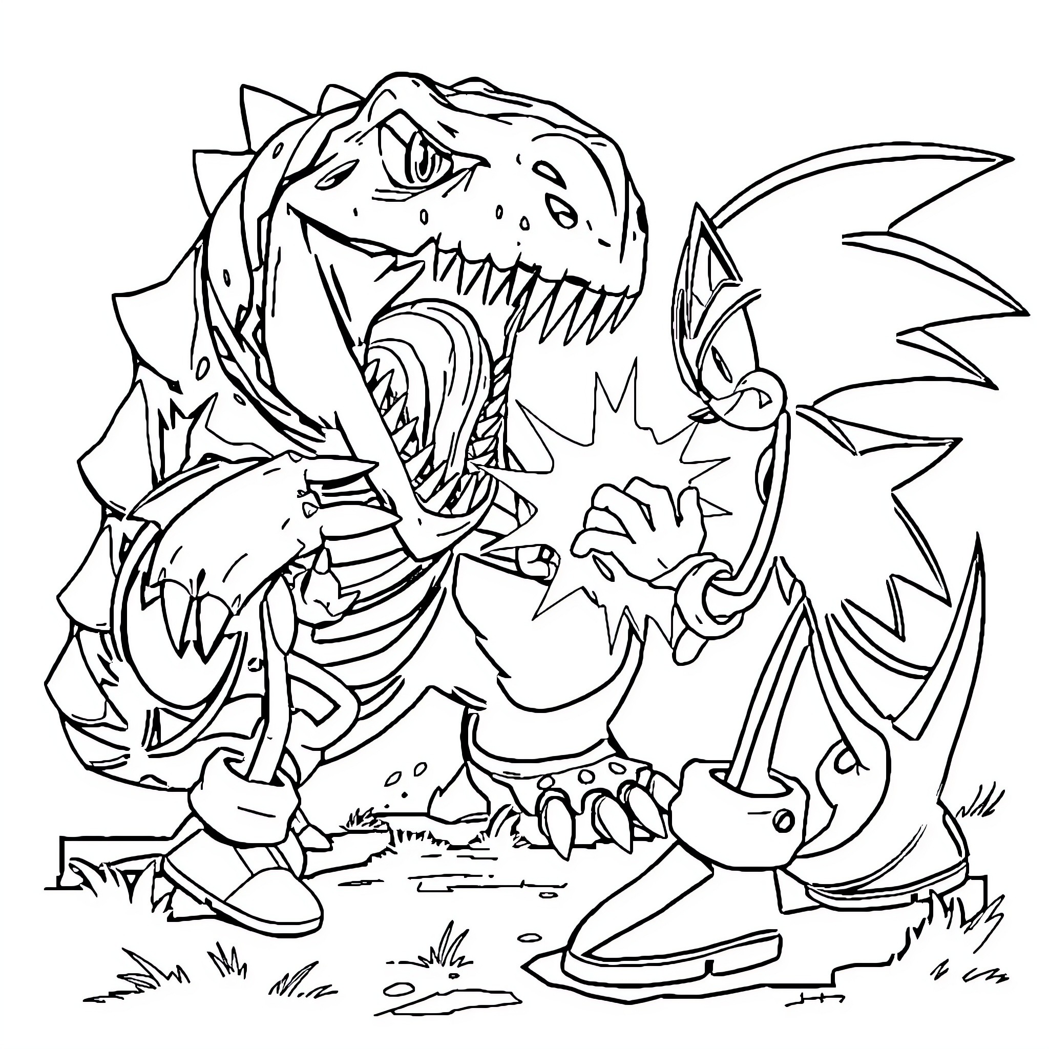 Indominus Rex attacking smaller dinosaur in fierce battle Coloring Page (free black-and-white line drawing printable PDF for all, from beginners to advanced learners, including children, teens, adults, and seniors)