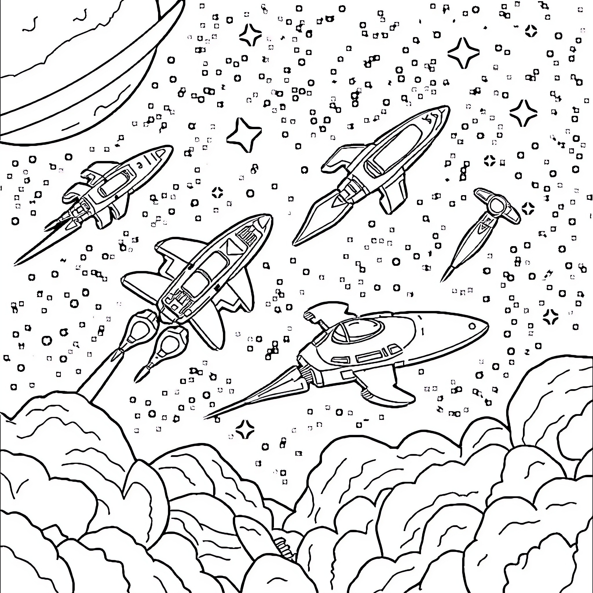 Spaceships exploring the galaxy Coloring Page (free black-and-white line drawing printable PDF for all, from beginners to advanced learners, including children, teens, adults, and seniors)