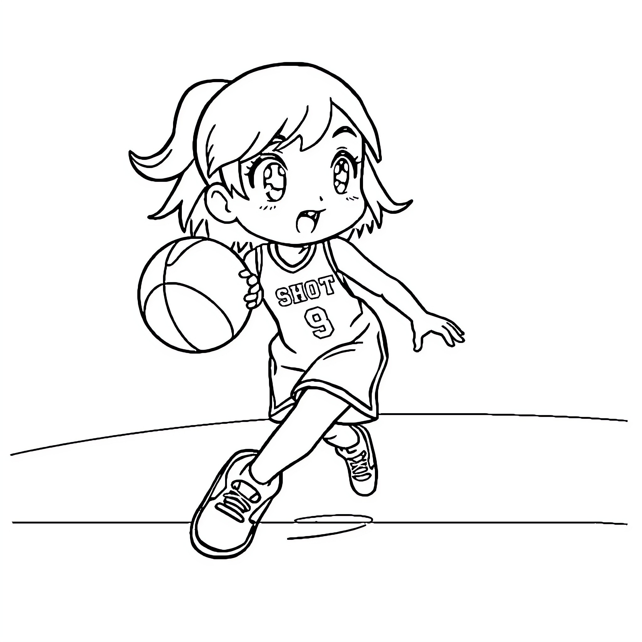Momoi playing basketball with enthusiasm Coloring Page (free black-and-white line drawing printable PDF for all, from beginners to advanced learners, including children, teens, adults, and seniors)