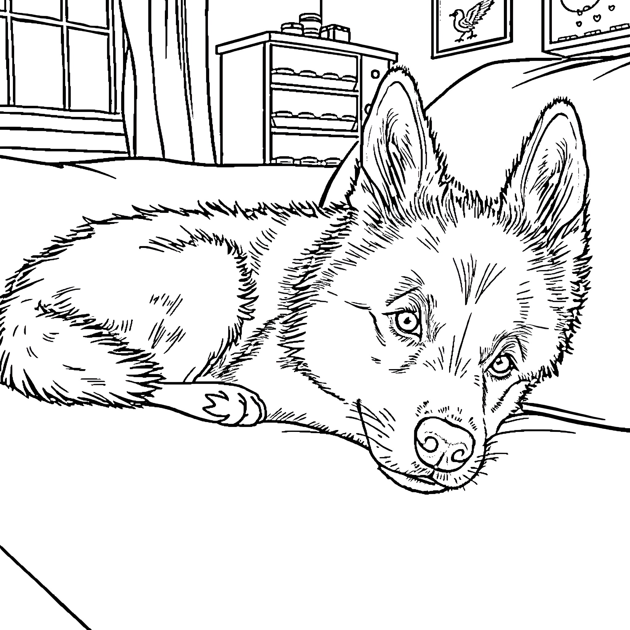 Husky resting calmly in cozy room Coloring Page (free black-and-white line drawing printable PDF for all, from beginners to advanced learners, including children, teens, adults, and seniors)
