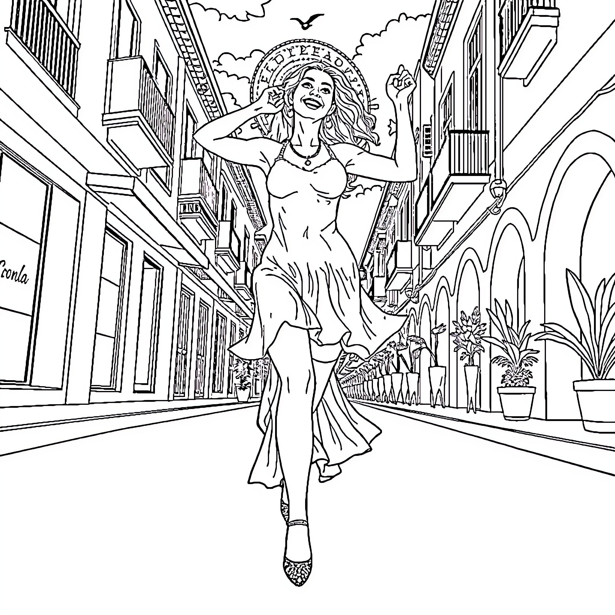 Colombienne woman dancing joyfully in the city streets Coloring Page (free black-and-white line drawing printable PDF for all, from beginners to advanced learners, including children, teens, adults, and seniors)