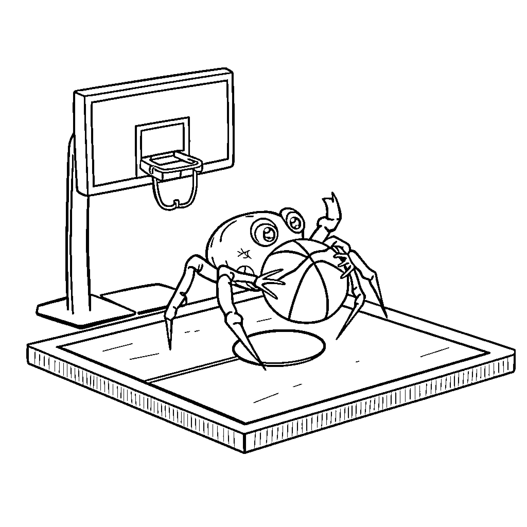 Spider playing basketball on the court Coloring Page (free black-and-white line drawing printable PDF for all, from beginners to advanced learners, including children, teens, adults, and seniors)