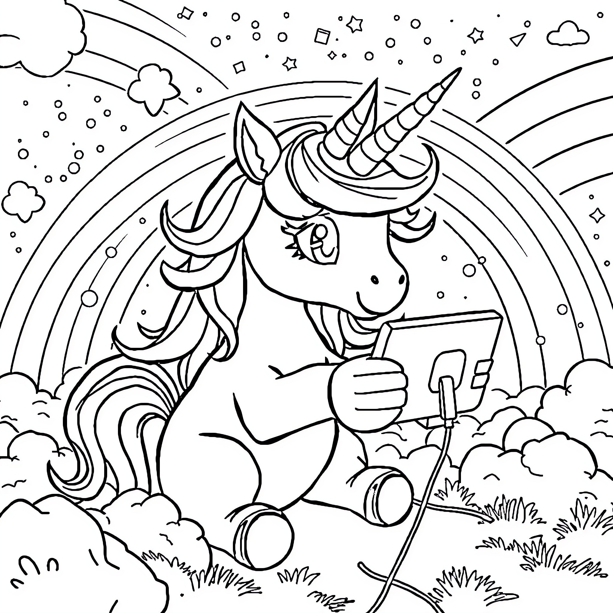 Unicorn exploring the enchanted landscape Coloring Page (free black-and-white line drawing printable PDF for all, from beginners to advanced learners, including children, teens, adults, and seniors)