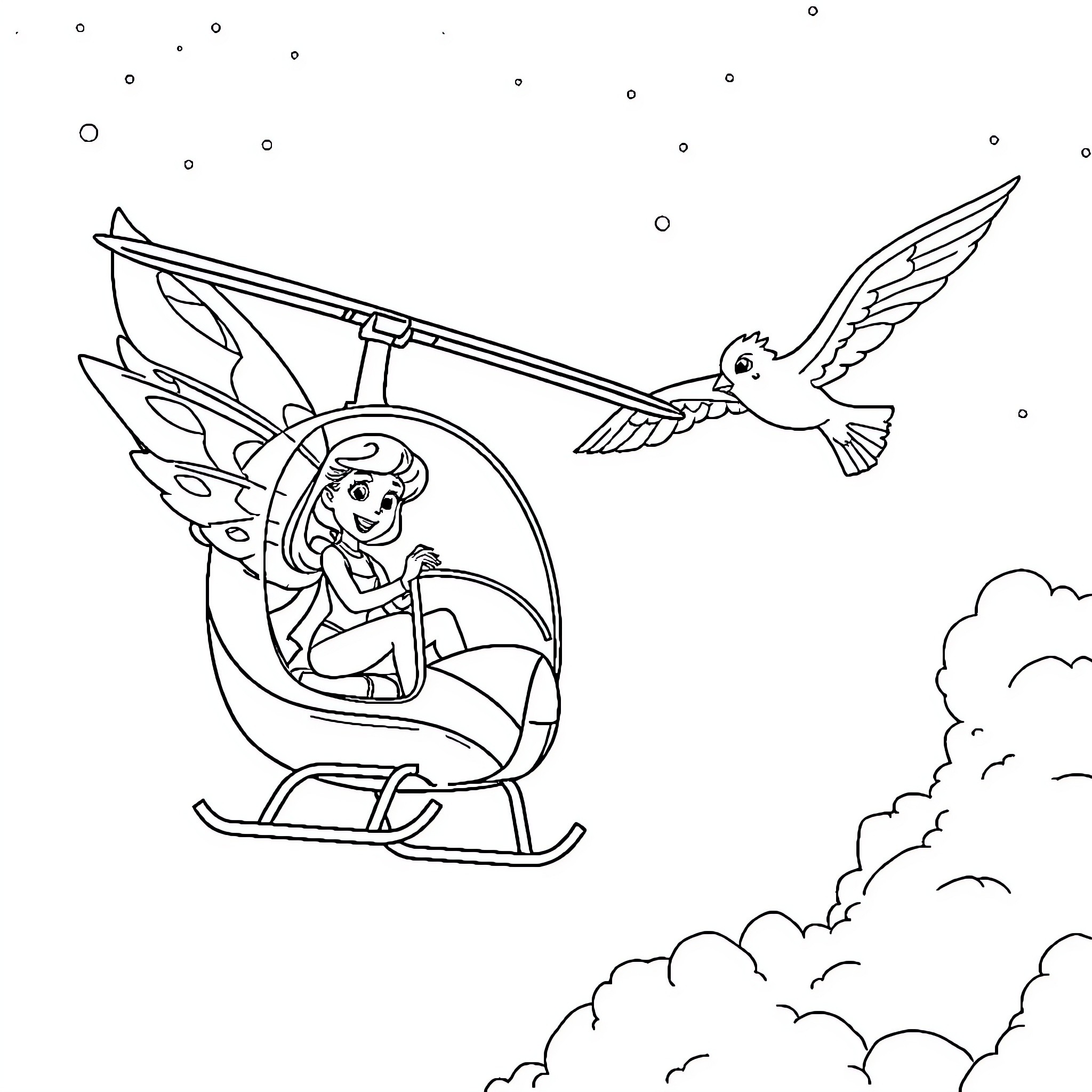 Stella soaring through the sky on her winged vehicle Coloring Page (free black-and-white line drawing printable PDF for all, from beginners to advanced learners, including children, teens, adults, and seniors)