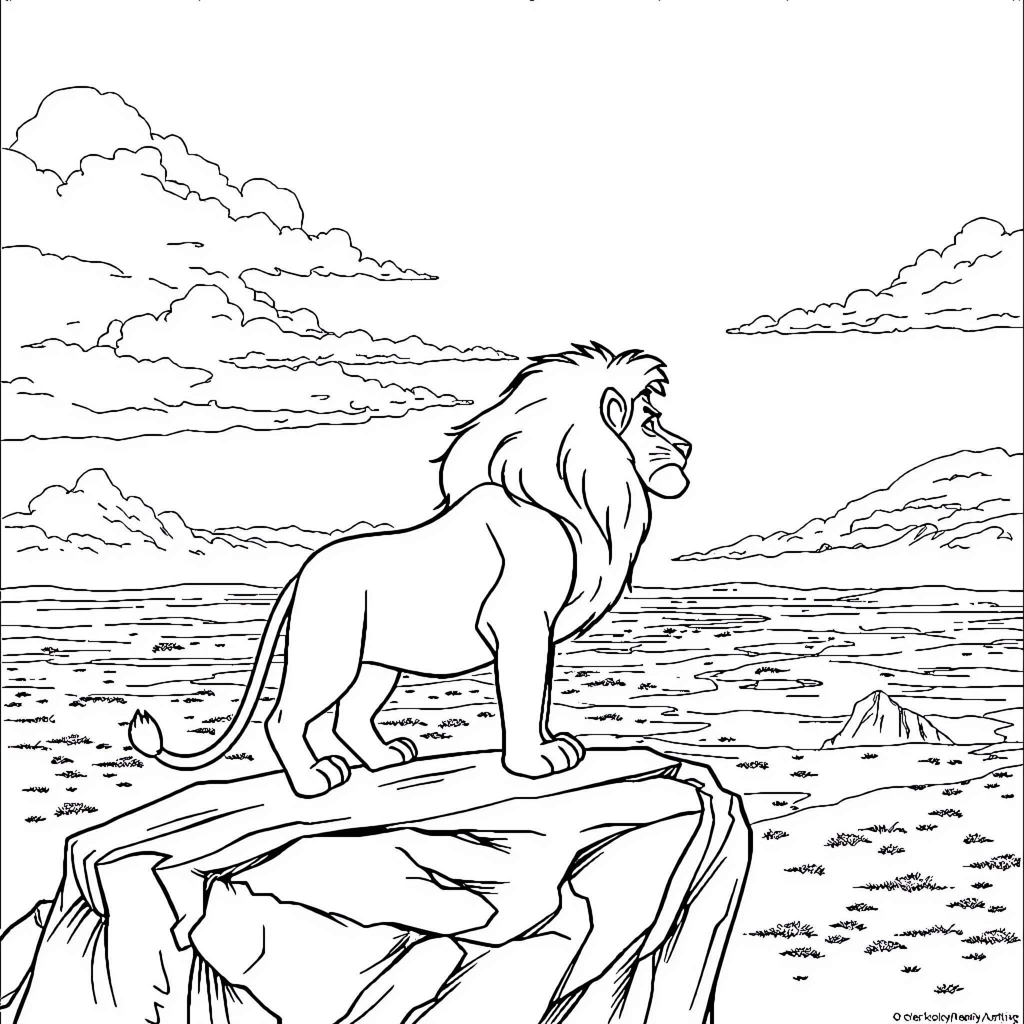 Lion standing proudly on a rocky cliff Coloring Page (free black-and-white line drawing printable PDF for all, from beginners to advanced learners, including children, teens, adults, and seniors)