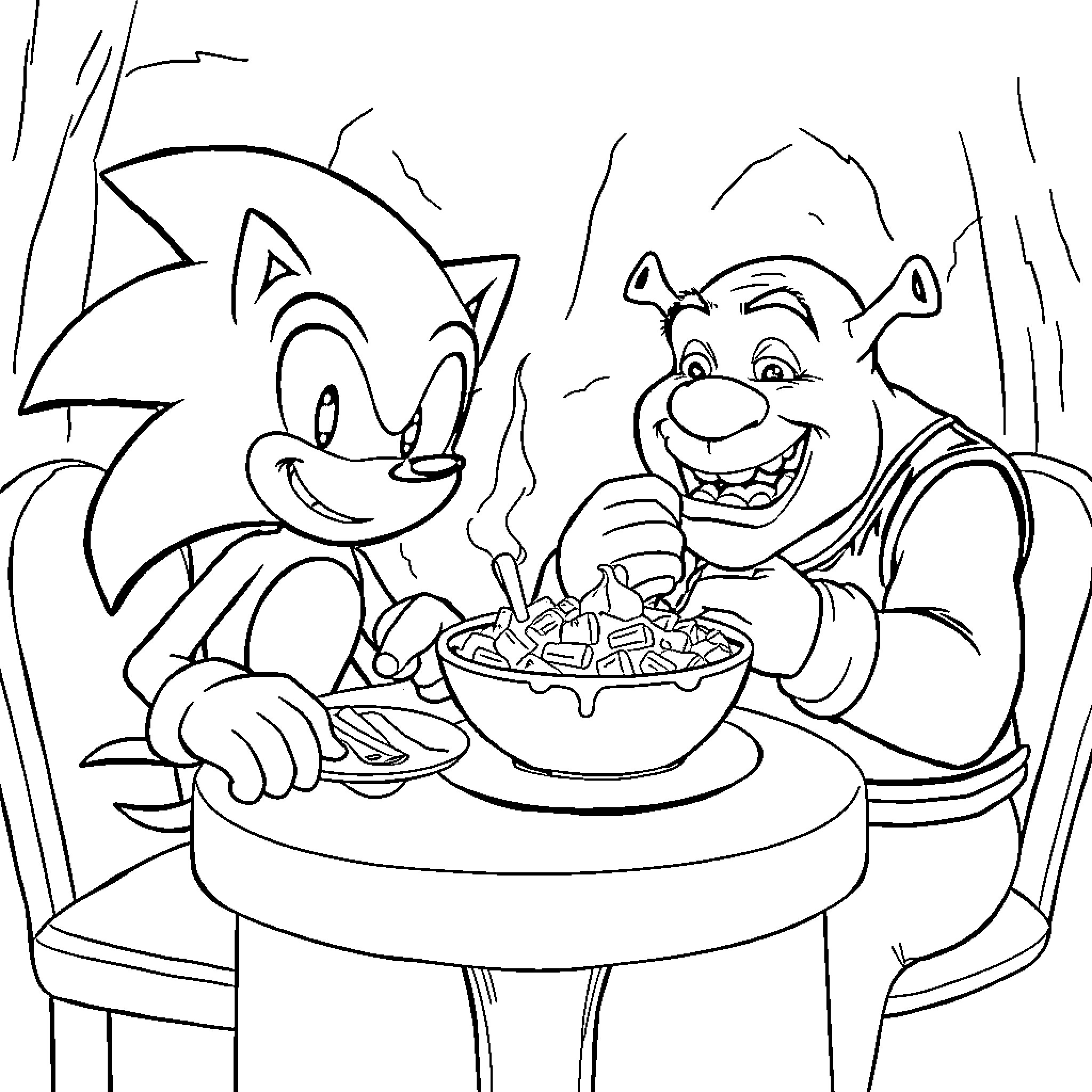 Sonic Enjoying a Meal with His Friend Coloring Page (free black-and-white line drawing printable PDF for all, from beginners to advanced learners, including children, teens, adults, and seniors)