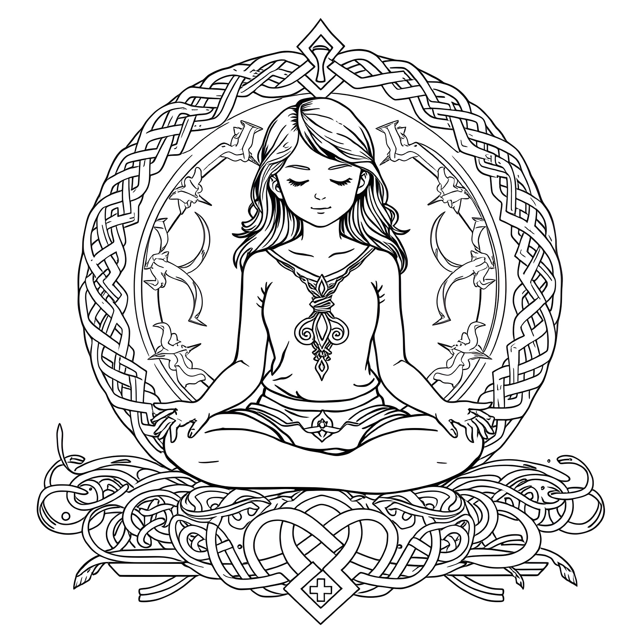 Girl in serene meditation pose with ornate frame Coloring Page (free black-and-white line drawing printable PDF for all, from beginners to advanced learners, including children, teens, adults, and seniors)