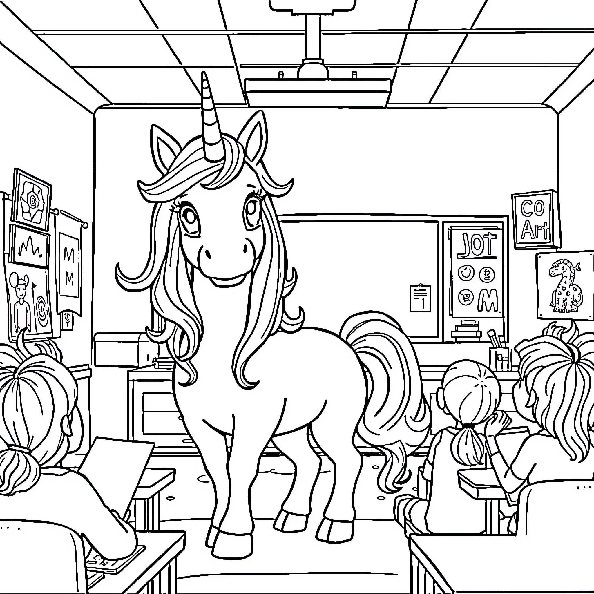 Unicorn in a colorful classroom Coloring Page (free black-and-white line drawing printable PDF for all, from beginners to advanced learners, including children, teens, adults, and seniors)