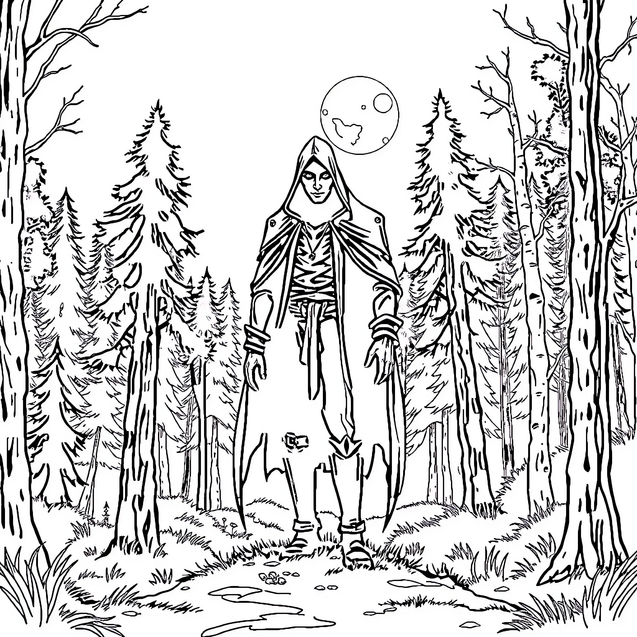 Grismann in a mysterious forest landscape Coloring Page (free black-and-white line drawing printable PDF for all, from beginners to advanced learners, including children, teens, adults, and seniors)