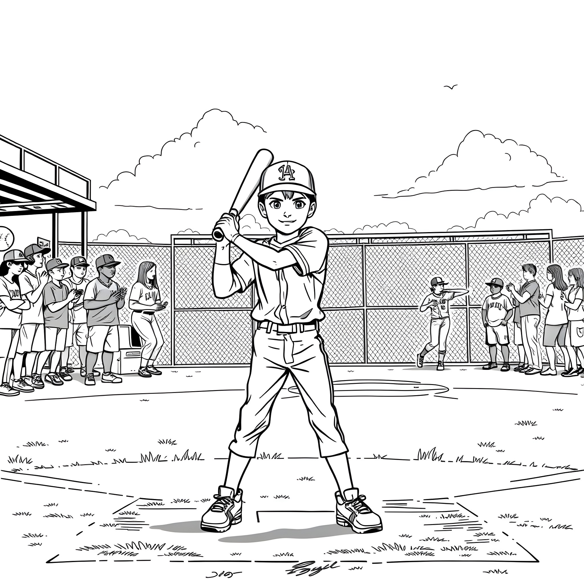 Teen Boy Playing Baseball in Park Coloring Page (free black-and-white line drawing printable PDF for all, from beginners to advanced learners, including children, teens, adults, and seniors)