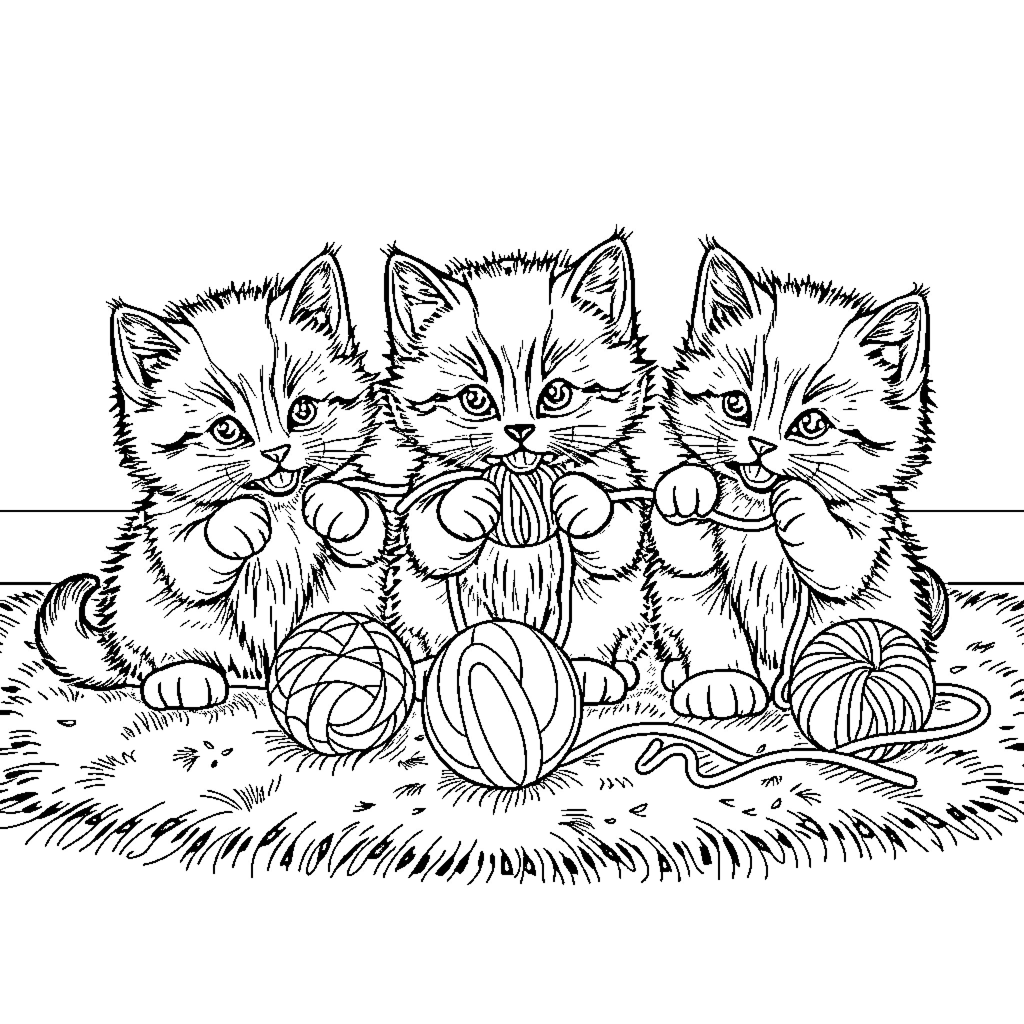 Kittens playing with yarn in a grassy field Coloring Page (free black-and-white line drawing printable PDF for all, from beginners to advanced learners, including children, teens, adults, and seniors)