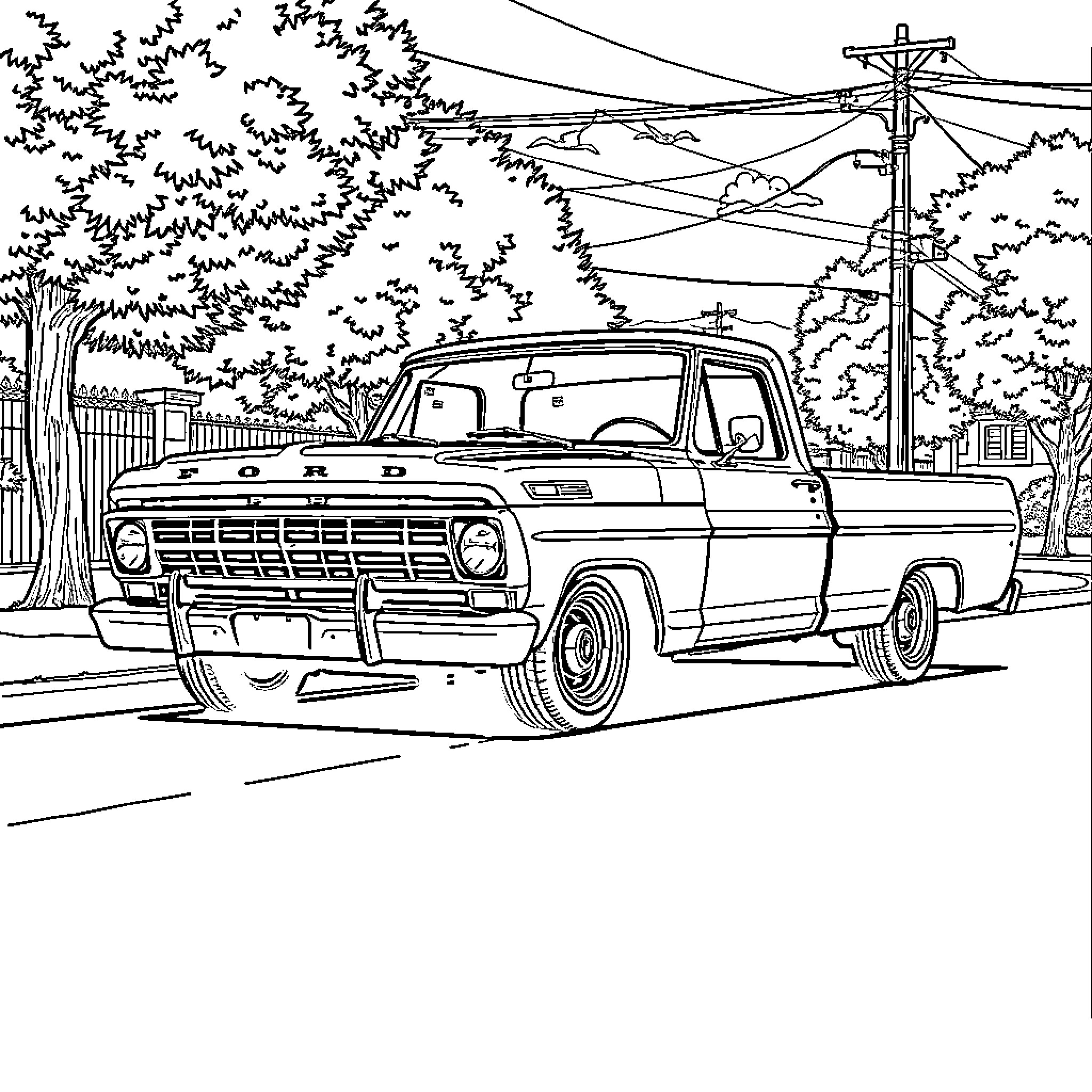 Ford F100 Truck in Peaceful Countryside Setting Coloring Page (free black-and-white line drawing printable PDF for all, from beginners to advanced learners, including children, teens, adults, and seniors)